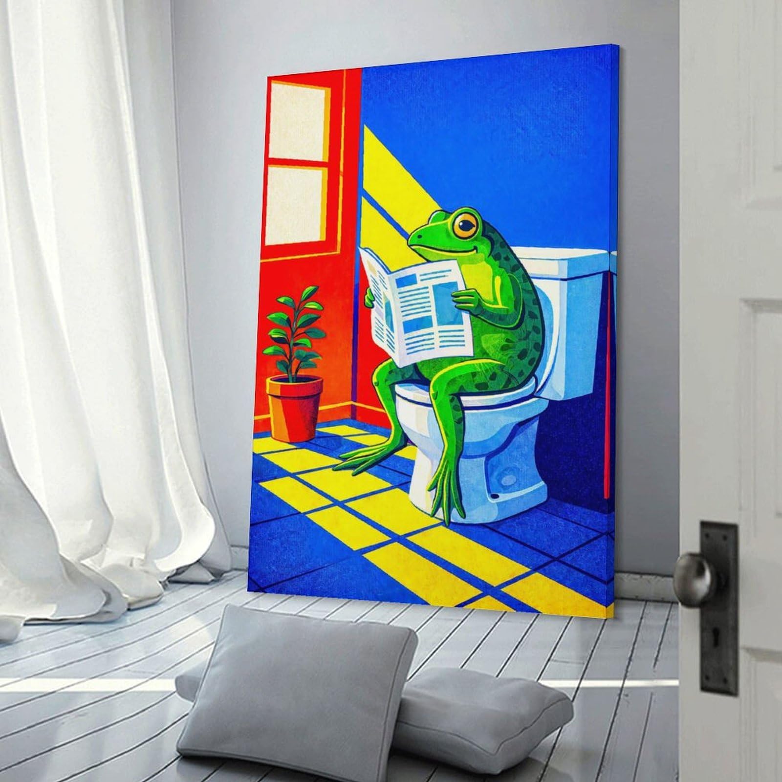 Junmoney Frog Reading Newspaper on Toilet Canvas Wall Picture, 24x36inch(60x90cm), for Front Hall, Corridor Or Welcome Spaces, Wall Decor to Refresh Empty Corners