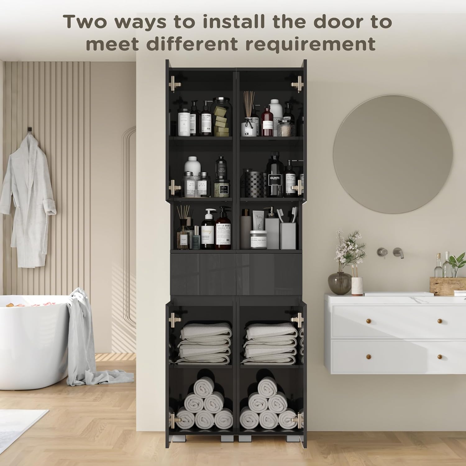 MHOM High Glossy Slim Bathroom Cabinet. 66.9" Tall Storage Cabinet with Drawer and Adjustable Shelves, Narrow Linen Cabinet for Bathroom, Laundry, and Living Room, Black