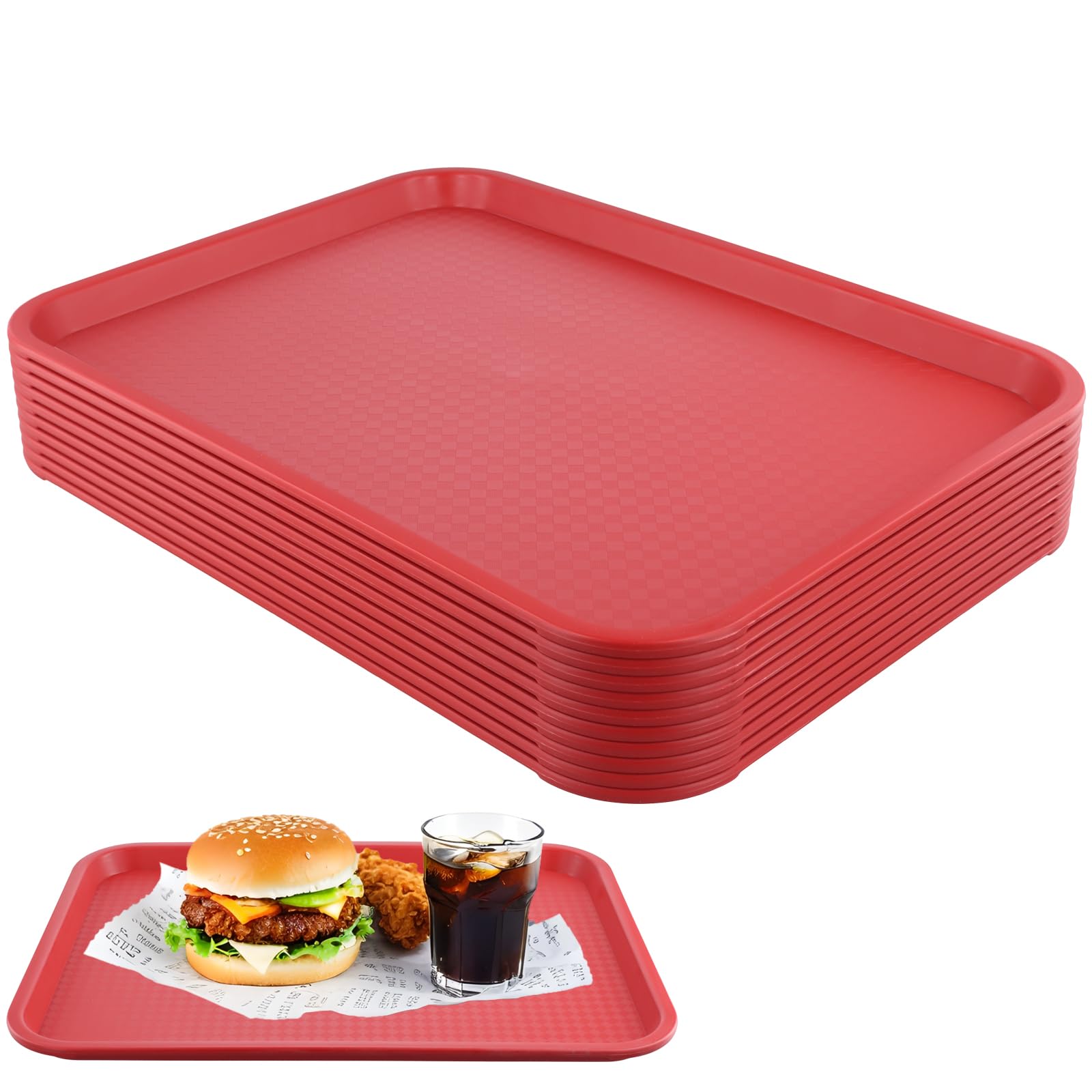 LEXININ 10PCS 41 x 30cm Red Plastic Fast Food Tray, 12 x 16 Inch Rectangular Cafeteria Trays, Plastic Serving Trays for Cafeteria Restaurant Fast Food