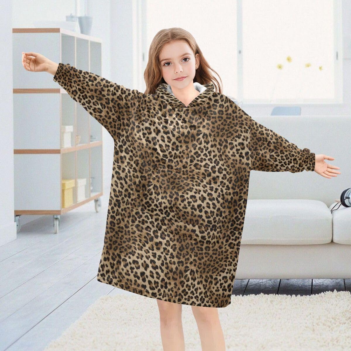 Leopard Skin Dziecięcy koc do noszenia z kapturem, oversize, bluza z kapturem, sweter, skóra zwierzęca, dla chłopców i dziewcząt w wieku 3-14 lat