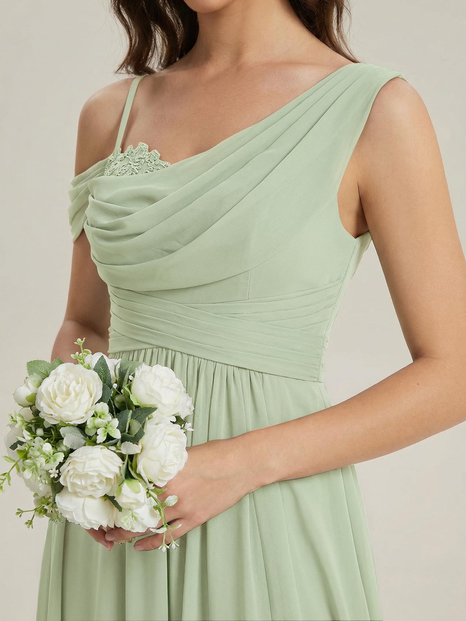 Ever-Pretty Abiti da Damigella Collo Asimmetrico Maniche Corte Chiffon Maxi Gonna Svasata ES02663