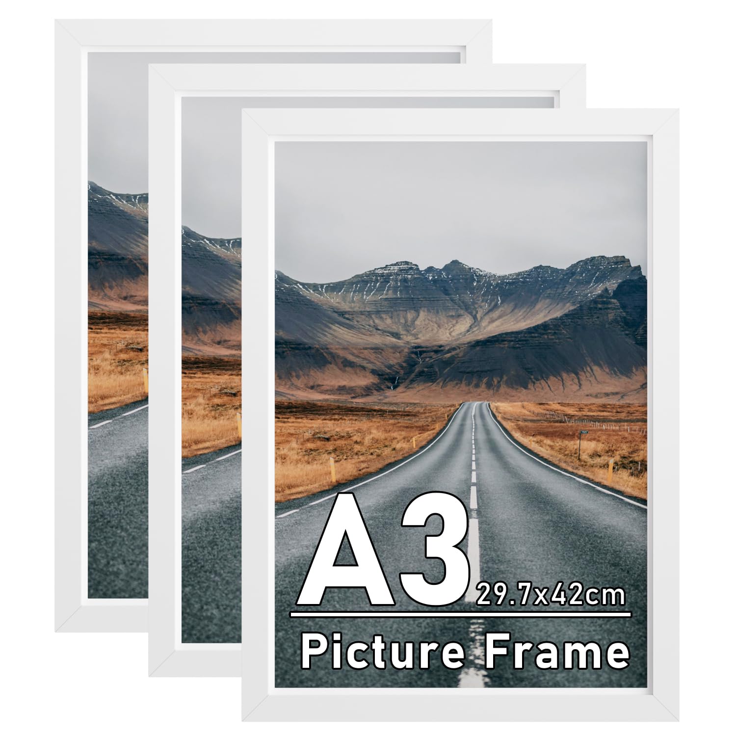A3 Picture Frame with A4 Mount, 3 Pack White A3 Poster Frames, 29.7x42cm Photo Frames with Safe Perspex Front, Wall Mounting