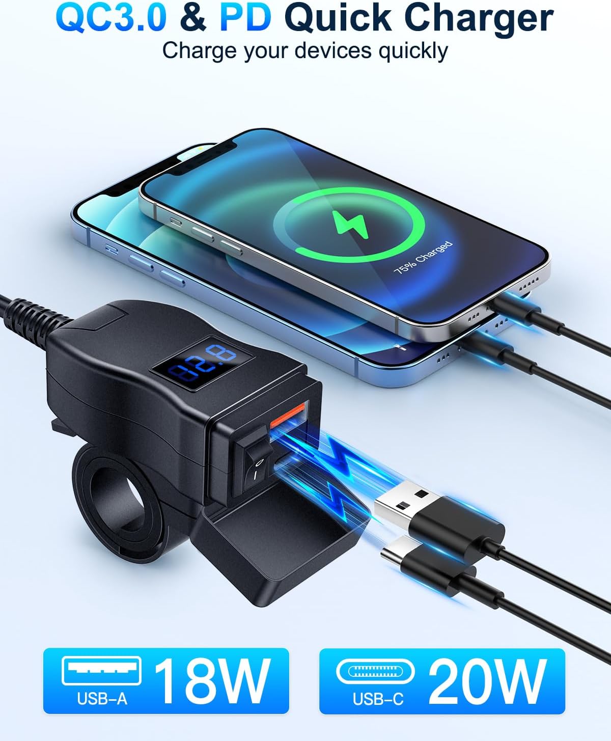 EXTRACTME Motorcycle USB Charger, Dual USB Type C PD & Quick Charge 3.0 Motorcycle Phone Charger with Voltmeter & ON/Off Switch, Waterproof Motorcycle Accessories for All Phone, Tablet, GPS - Image 2