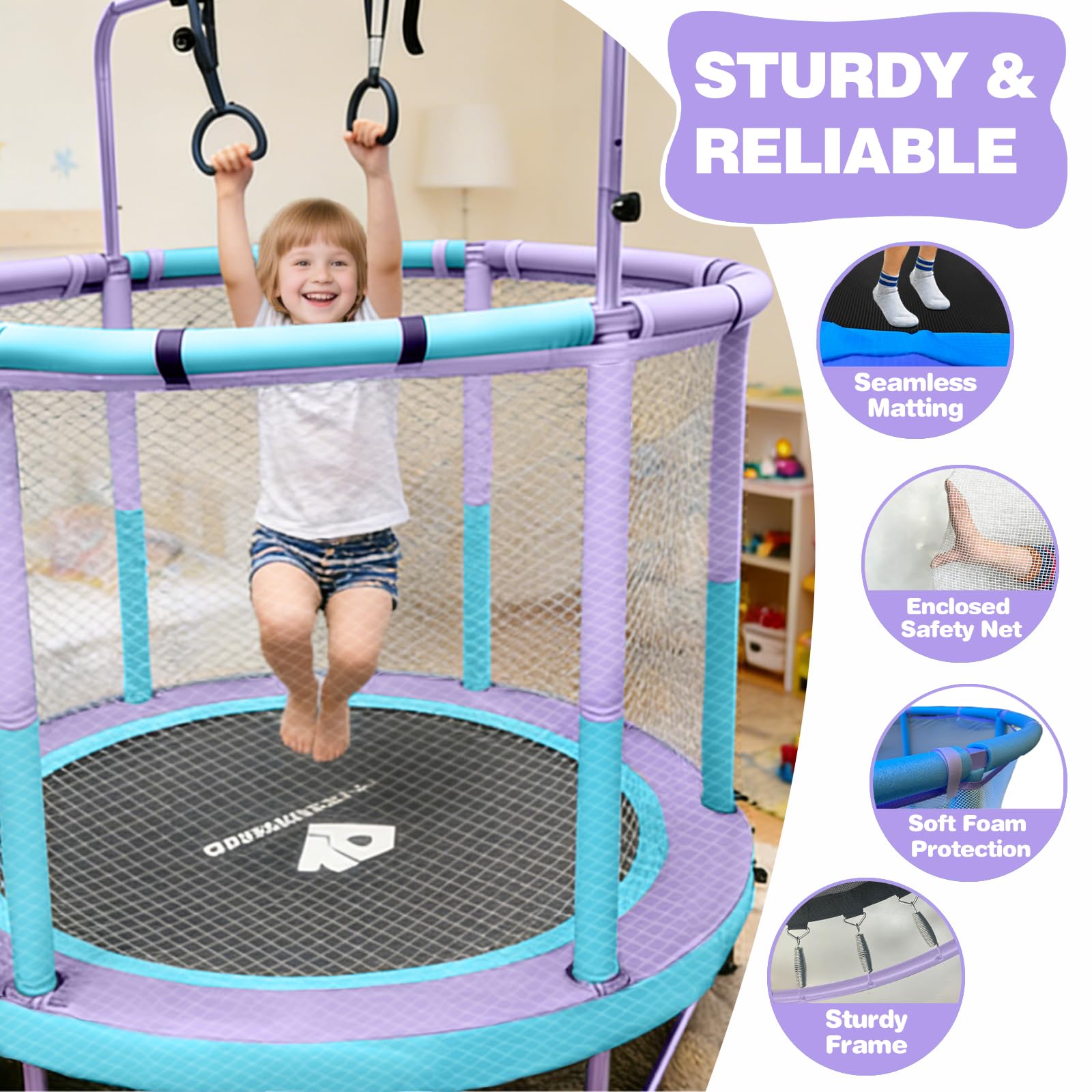 55-Zoll-Trampolin für Kinder für drinnen und draußen mit Sicherheitsnetz, Kleinkind-Trampolin mit Verstellbarer Turnstange und Spielzeug, lückenloses Sicherheitsdesign (lila und blau)