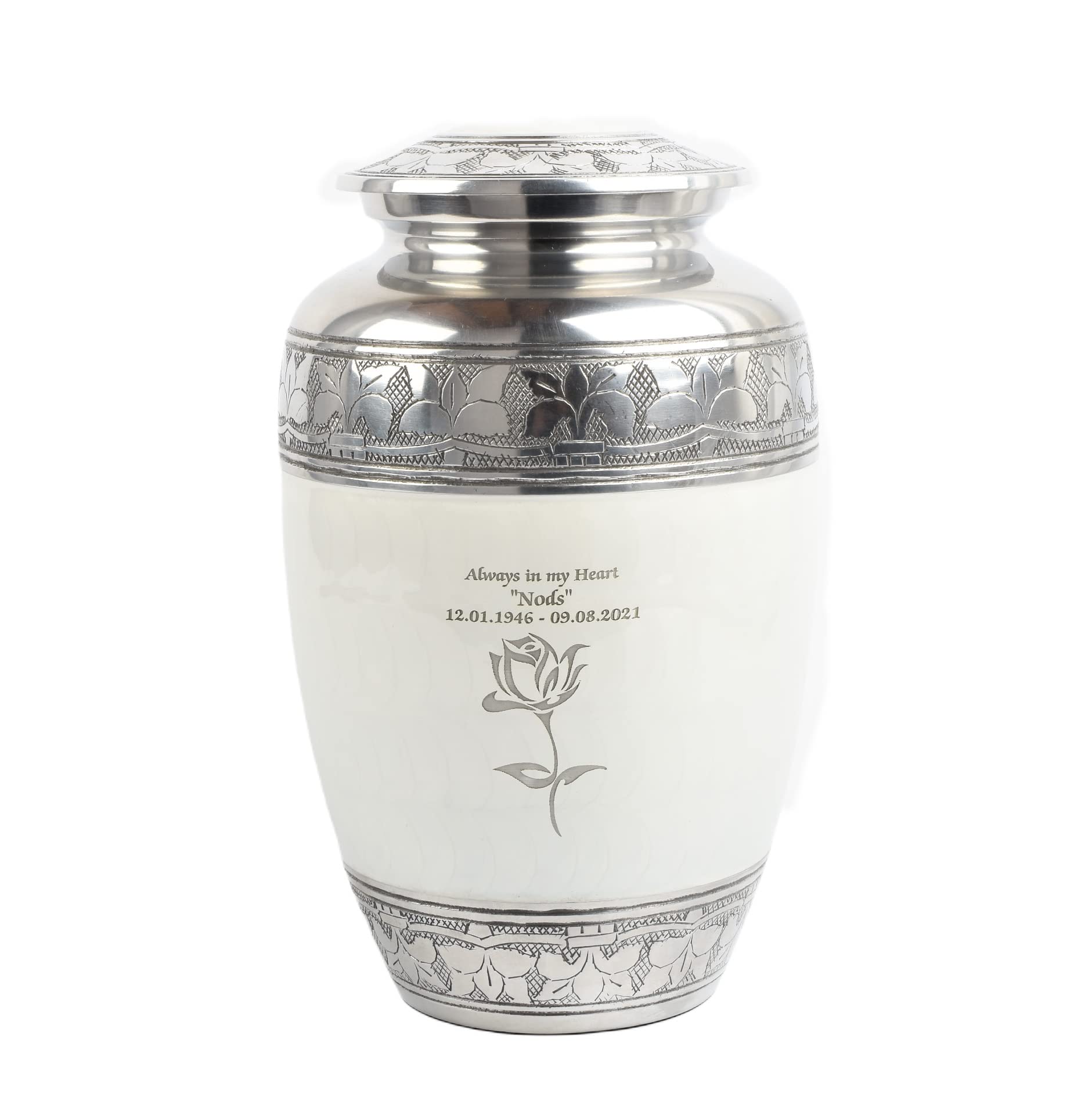 Cremation Urn for Human Ashes – Adult Large Decorative Aluminum Funeral Memorial Keepsake – Securely Holds approx. 90kg or 14 Stone Body (White-Rose, Adult Size)
