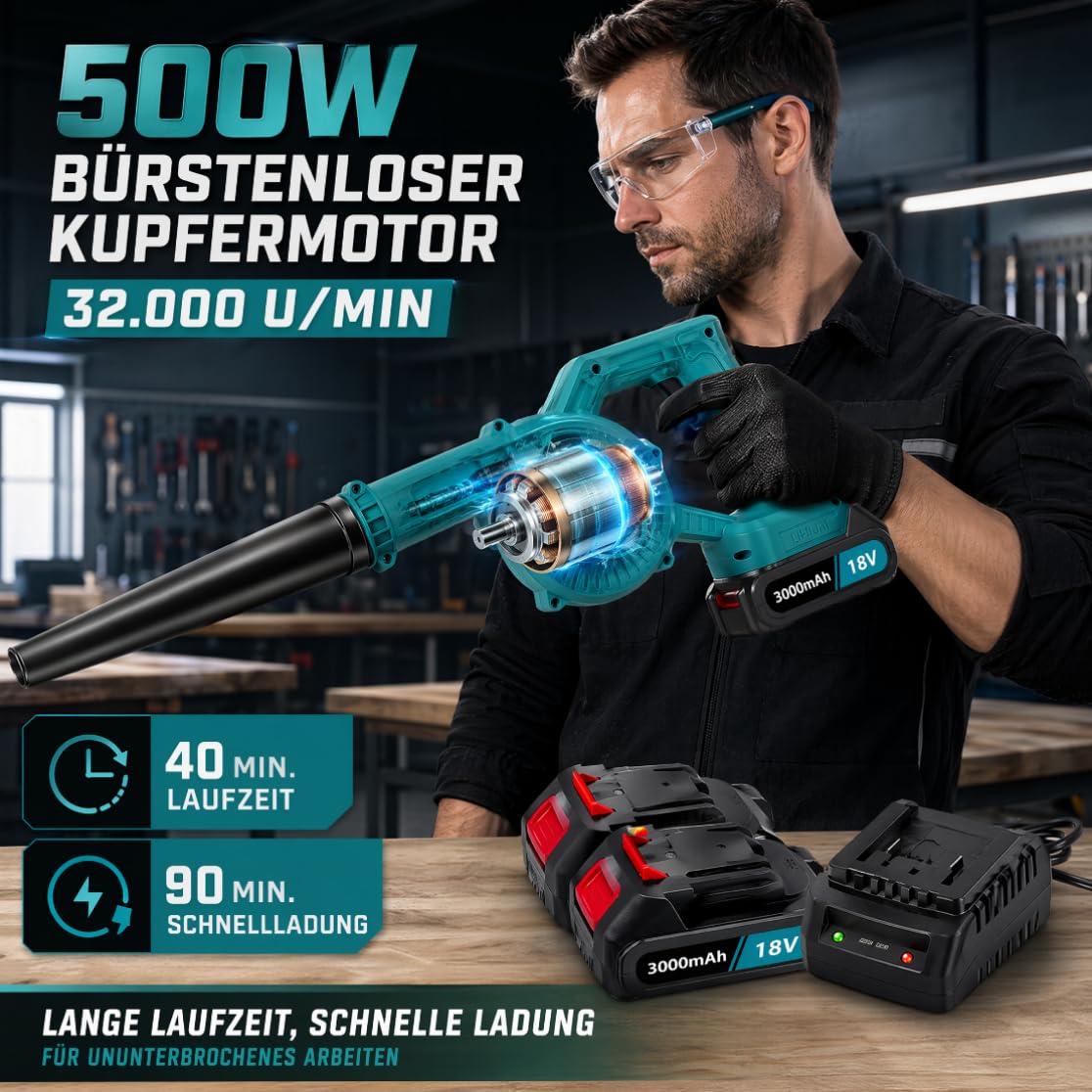 Akku Laubbläser 500W mit 2X 3000mAh Akku und Ladegerät, 210 km/h 3-in-1 Laubbläser & Laubsauger, 32000 U/min Stufenlose Geschwindigkeit, Kompatibel mit Makita-Akku, für Garten Hof Terrasse Auto