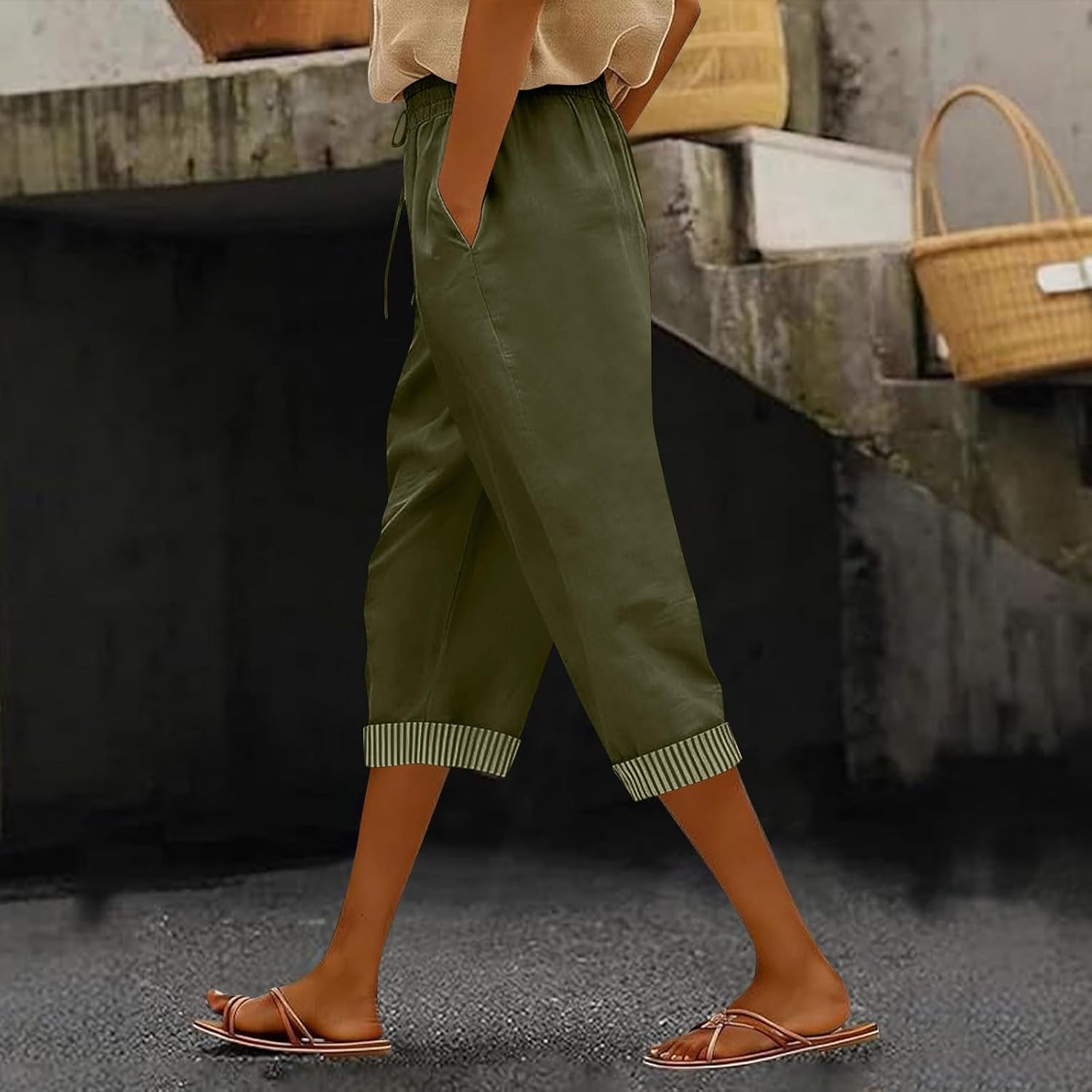 Capris Pants for Women Summer Casual Loose Drawstring High Waist Straight Lounge Beach Cropped Trousers with Pockets
