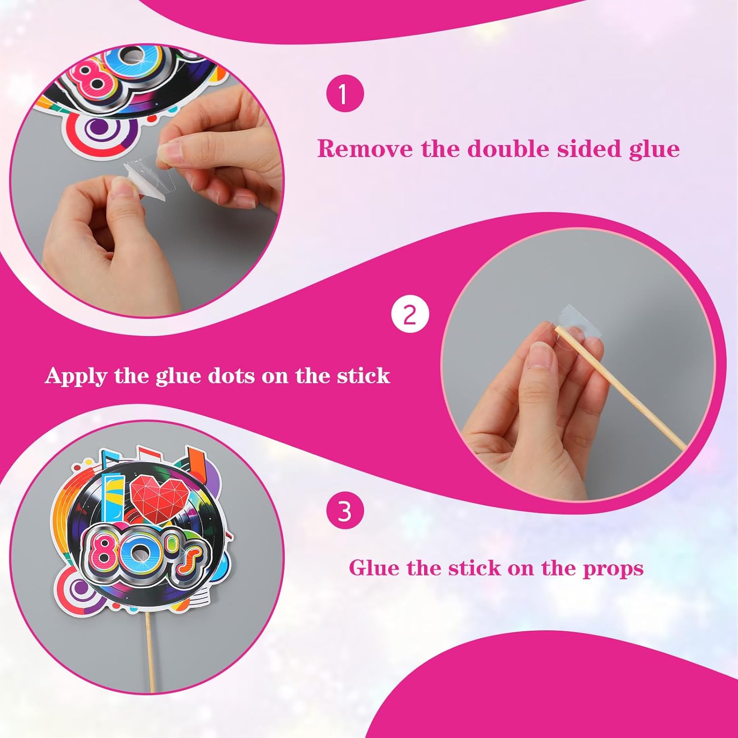 29Pcs Photo Booth Props 80s Party Decorations, Disco Photo Booth Props with 30Pcs Wooden Dowel Sticks 30Pcs Glue Points, Colorful 80s Theme Party Decorations - Image 4