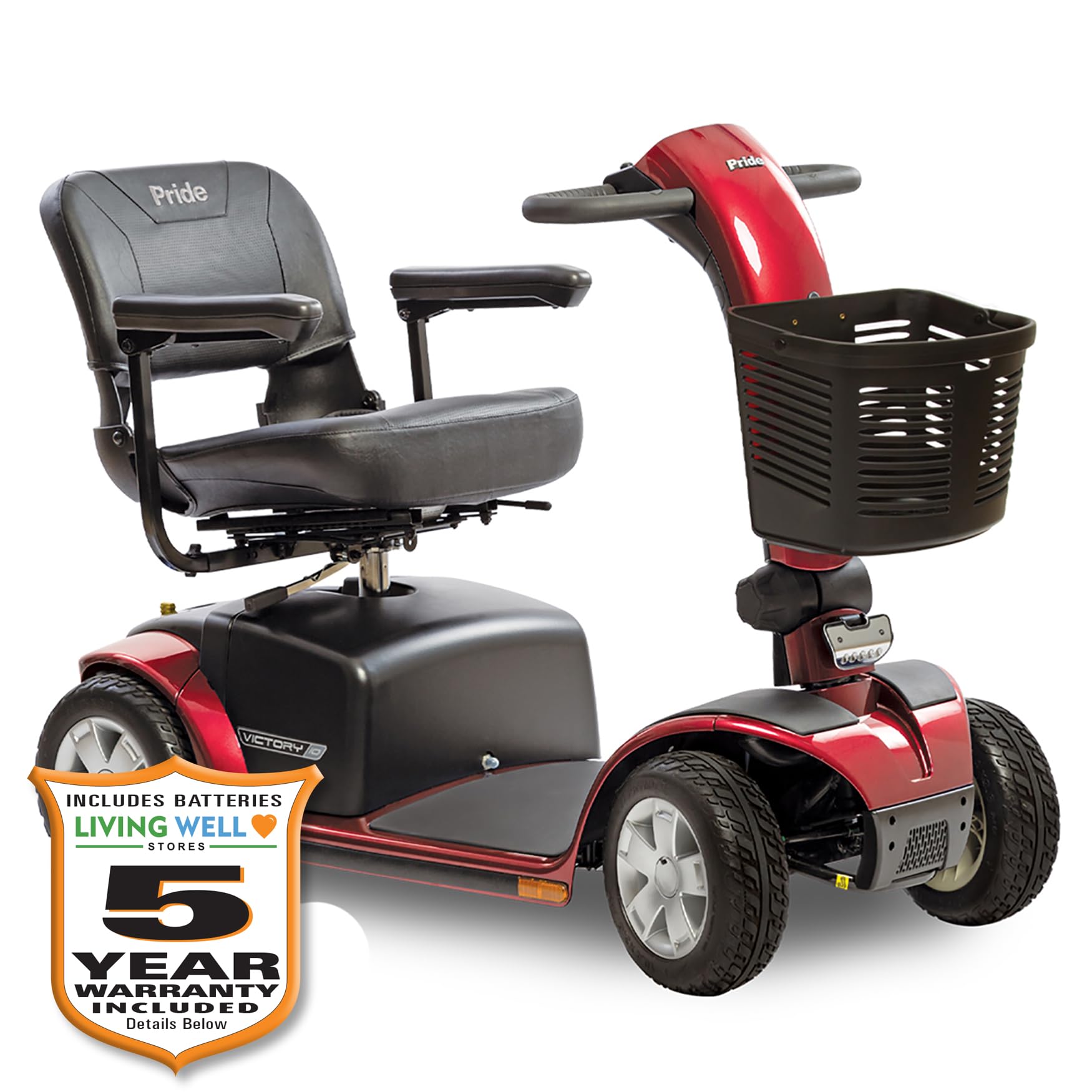 Pride Victory 10 4-Wheel Scooter, 400 lbs. Weight Capacity, with 5-Year Extended Warr (Candy Apple Red, 18 x 17 Foldable Seat with Sliders)
