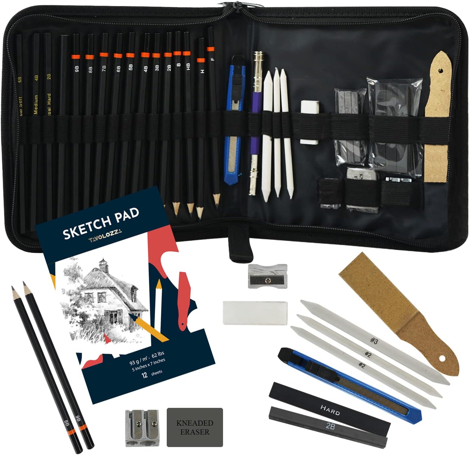 Tavolozza Art Supplies 34 Piece Sketching Pencils and Drawing Set in Travel Carry Case- Includes Pencils, Charcoal Pencils,Charcoal Sticks, Erasers and More Accessories