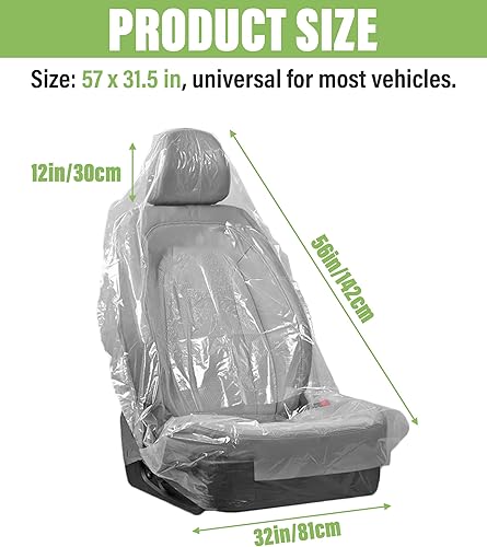 Miniatura 2 de Zlirfy Funda de asiento, 100 piezas de plástico PE desechable, ajuste universal para vehículo, protectora, transparente, ligera, fácil de almacenar,