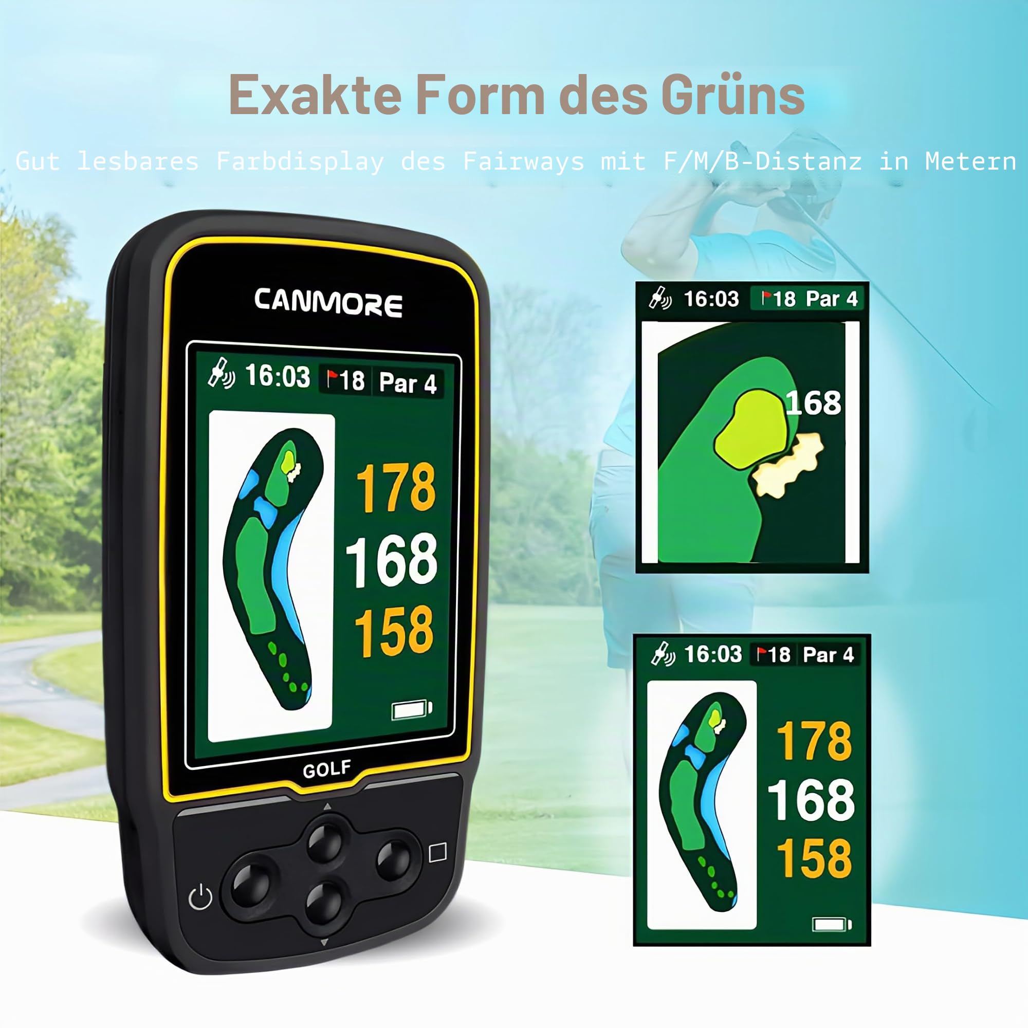 CANMORE HG500 Golf GPS – Extra großes, gut ablesbares Farbdisplay, vorinstallierte 41.000 Golfplätze weltweite Form des Grüns und des Fairways (schwarz)