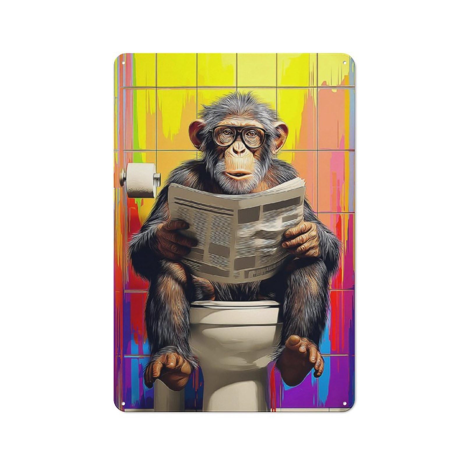 Junmoney Chimpanzee Reading Newspaper On Toilet Retro Vintage Metal Sign 30X20cm, Small Space Decor For Hallway, Home Bar, Garage Or Study