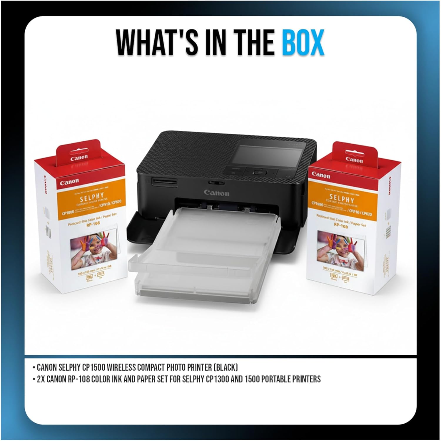 Canon CP1500 Compact Photo Printer (Black) Bundle with RP-108 Color Ink and Paper Set (Pack of 2