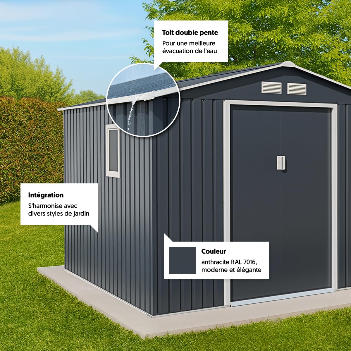 Abri de Jardin métal 7,06m² Anthracite + kit d'ancrage | Abri de Jardin en Métal | Fenêtre latérale | Abri à Outils Abri de Rangement Extérieur | Hauteur Faitage: 212 cm