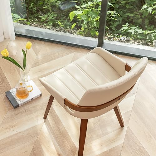 Miniatura 3 de Juego de 2 sillas de comedor tapizadas de cuero sintético beige moderno de mediados de siglo, sillas decorativas sin brazos con patas de madera