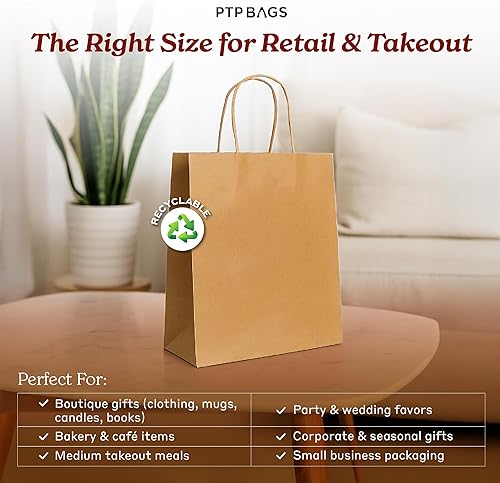 Miniatura 2 de PTP BAGS Bolsas naturales de 8 x 4.75 x 10.5 pulgadas (paquete de 50) bolsas de regalo de papel kraft reciclables