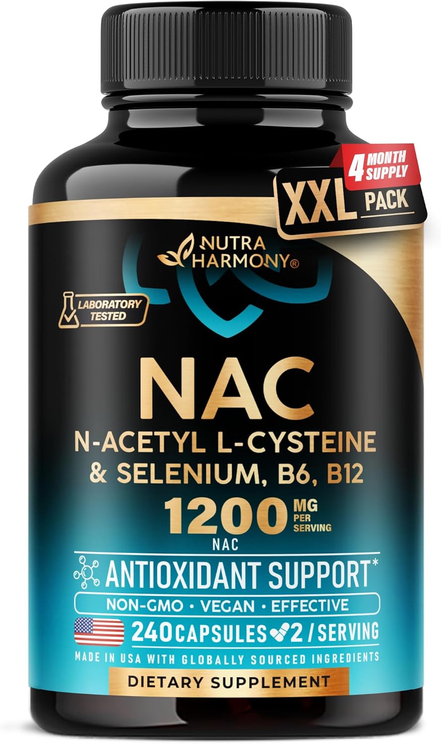 NAC Supplement | Selenium | B6 | B12 - Antioxidant, Immune Support - N Acetyl Cysteine 600 mg per Capsule, 1200 mg per Serving - Made in USA - Non-GMO, Gluten-Free, Vegan - 240 Caps, 4 Month Supply