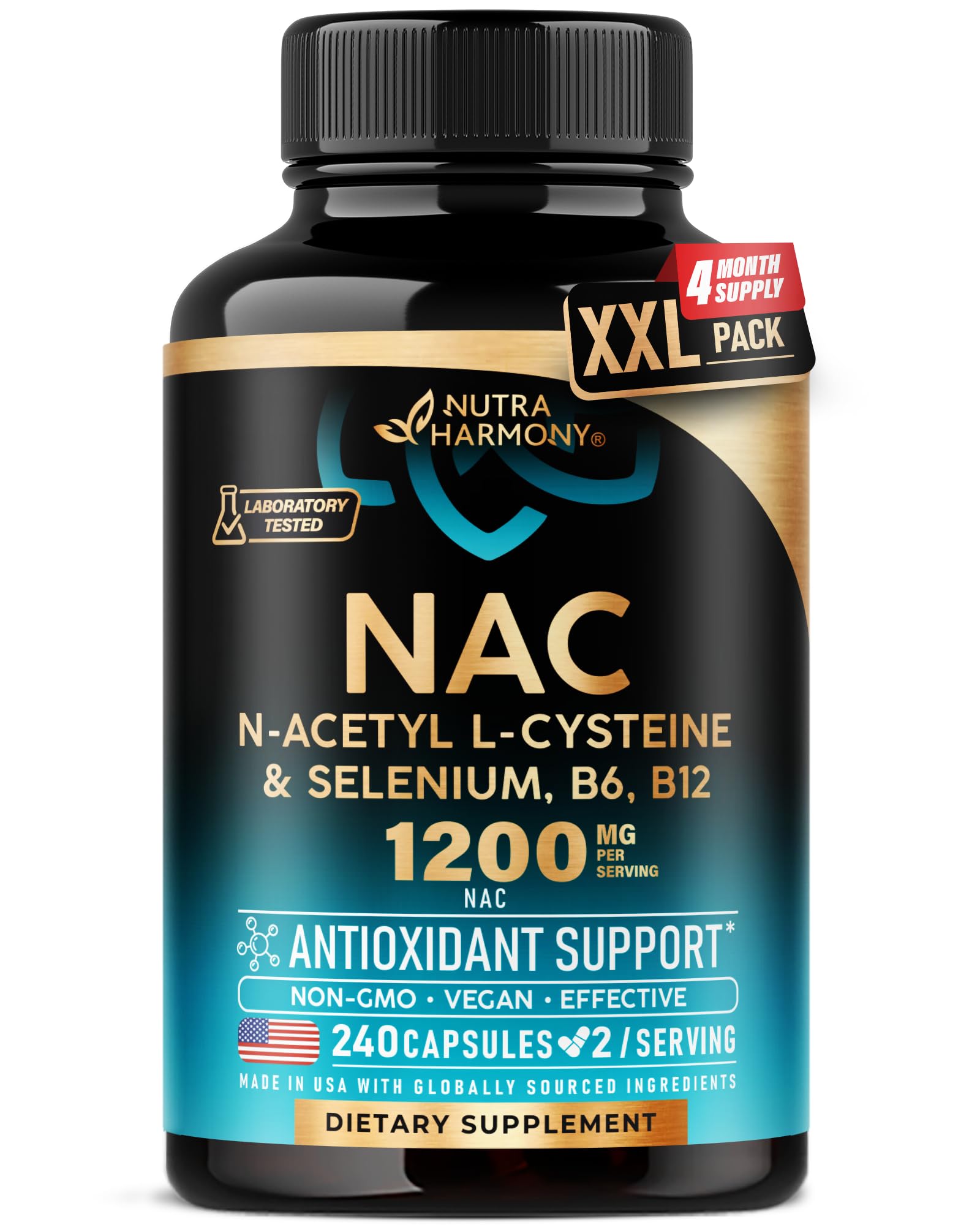 NAC Supplement | Selenium | B6 | B12 - Antioxidant, Immune Support - N Acetyl Cysteine 600 mg per Capsule, 1200 mg per Serving - Lab Tested - Non-GMO, Gluten-Free, Vegan - 240 Caps, 4 Month Supply