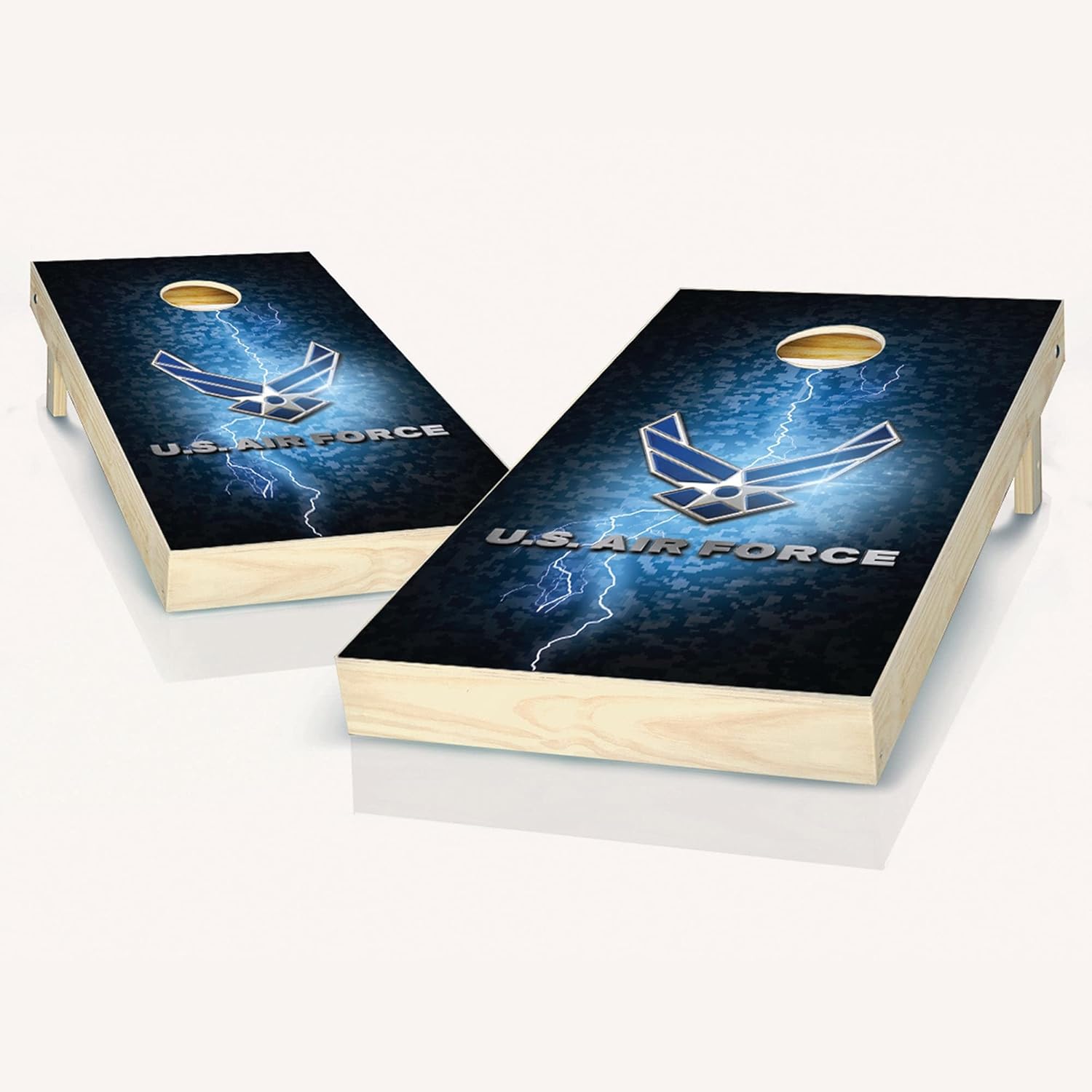 Skip's Garage US Air Force Lightning Cornhole Set - 2x4 Boards (All Weather Bags) - Include Hole Lights + Score Tower