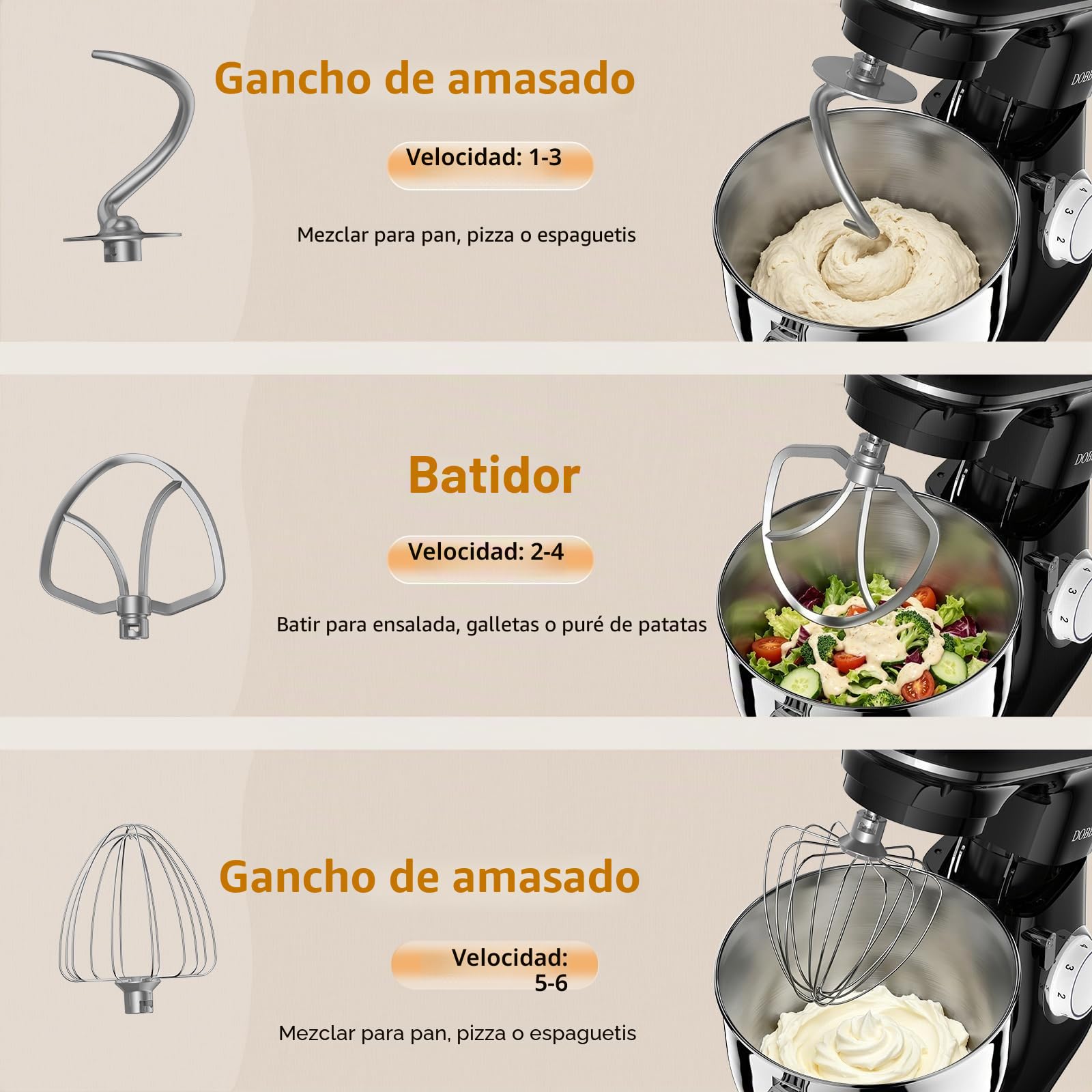 9.5L Batidora Amasadora, DOBBOR 1500W Profesional Movimiento Orbital Robot de Cocina Amasador 5 Funciones (Amasar, Batir, Mezclar, Montar, Emulsionar), 7 Velocidades, Bol de Acero Inoxidable