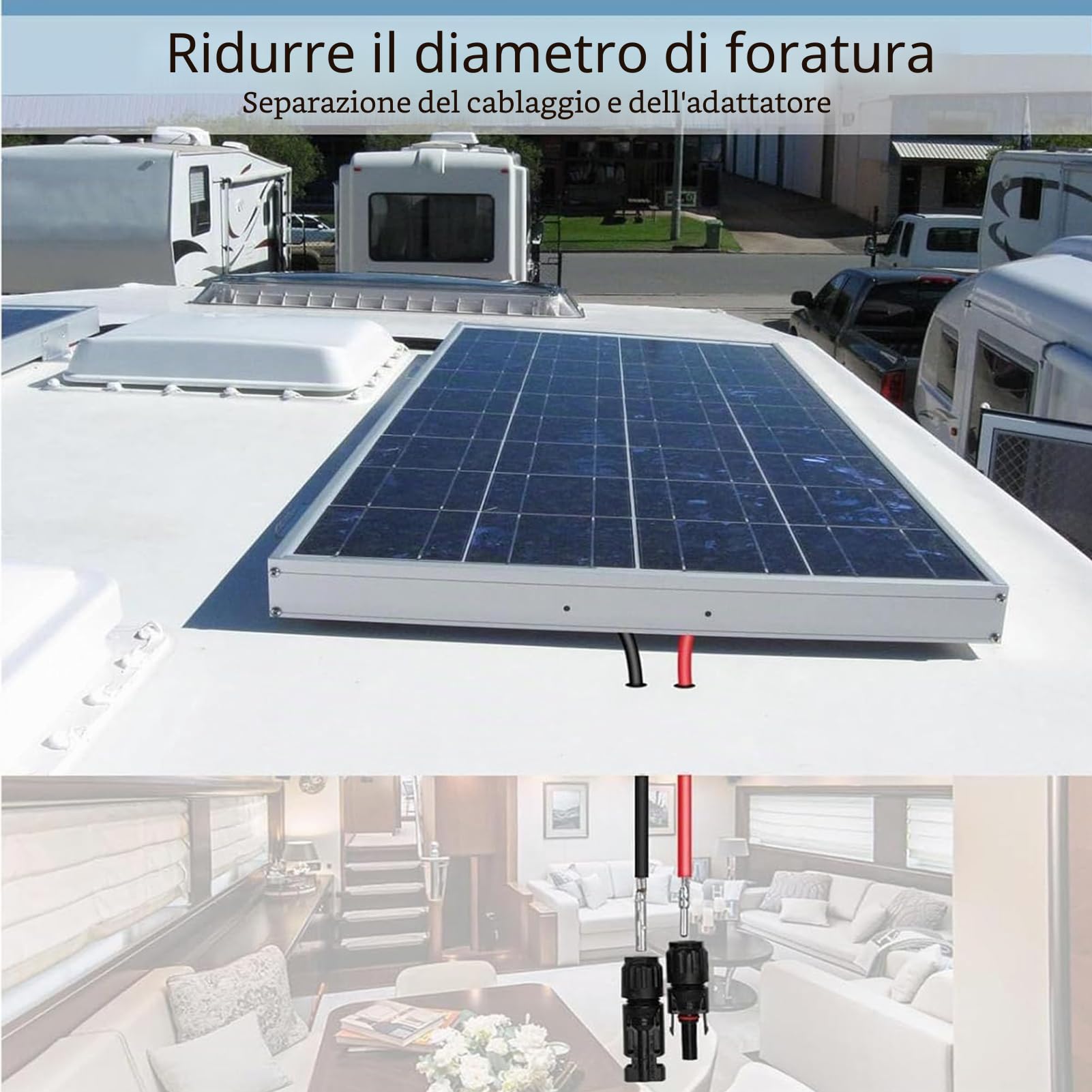Passacavo solare doppio, passacavo impermeabile, passacavo a energia solare, passacavo a 2 vie con cavo solare da 2 m, per camper, barca fotovoltaica