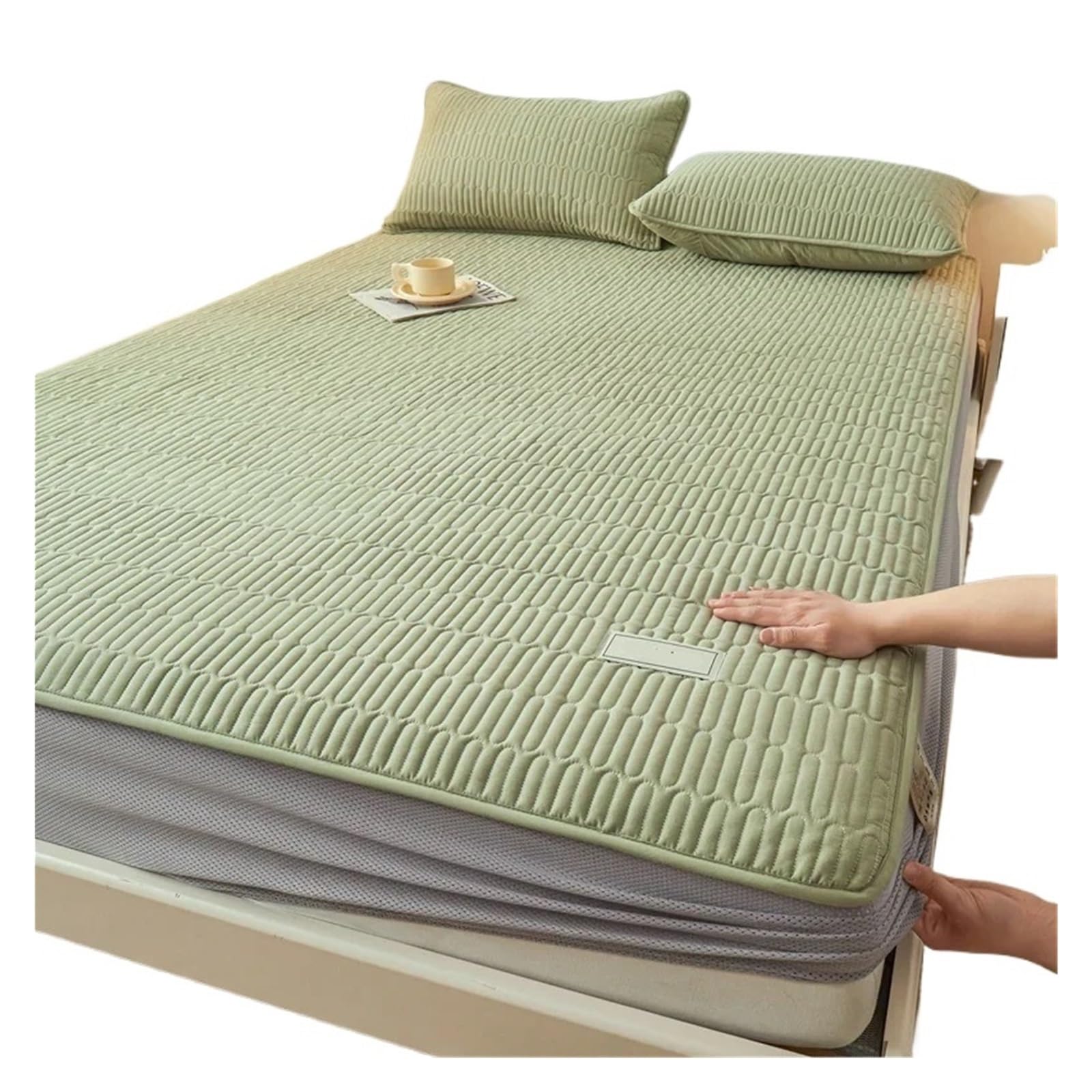 Zestaw pościeli do łóżka podwójnego, Prześcieradło Oddychające prześcieradła w kratę Wodoodporny ochraniacz na materac łóżko(Green,Only 2pcs pillowcase)