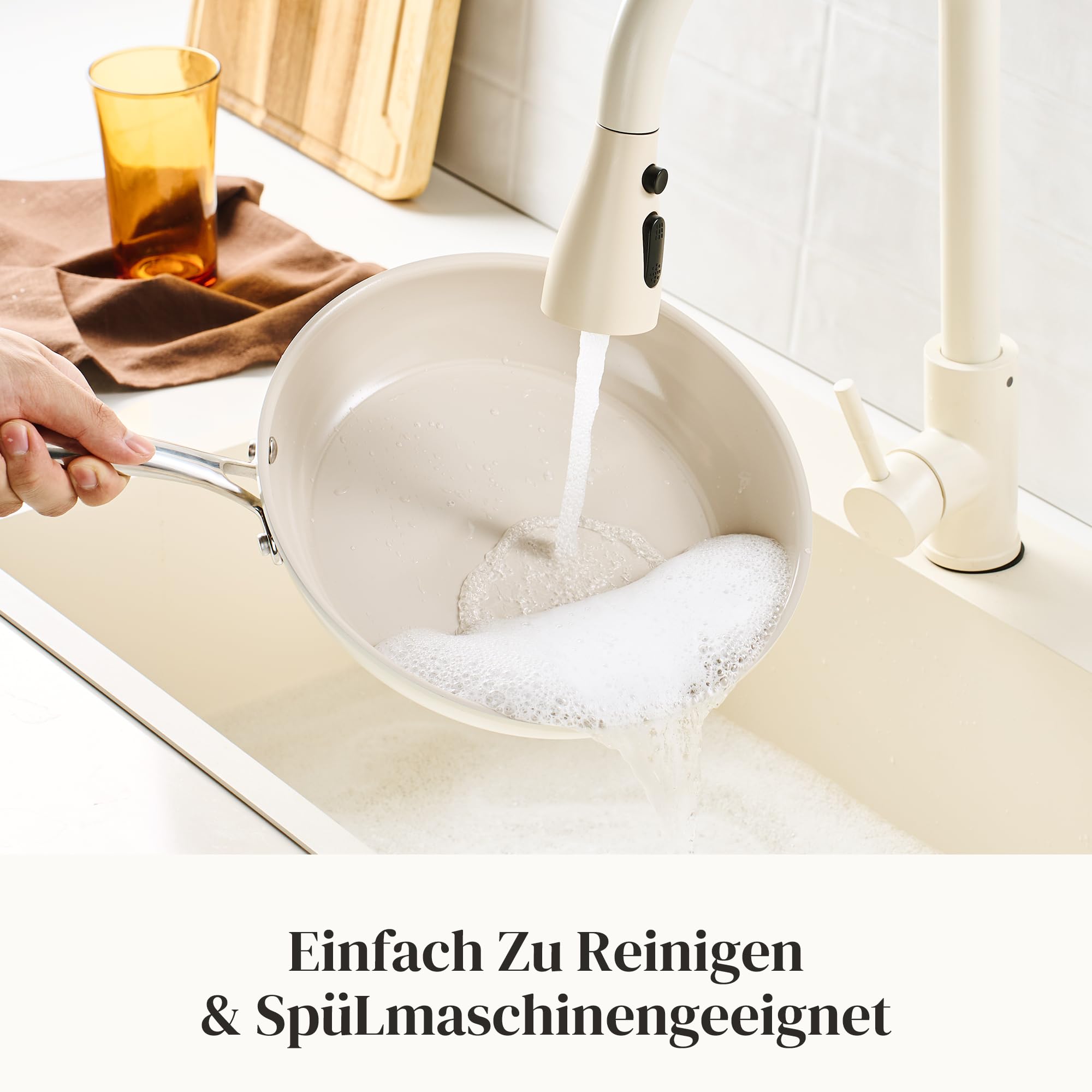 Redchef Set 3 Padelle Ceramica Antiaderente: 20/24/28 cm, Alluminio con Rivestimento Antiaderente, Adatta per Induzione e Tutti i Piani Cottura, Senza PTFE/PFAS/PFOA, Adatta al Forno, Beige