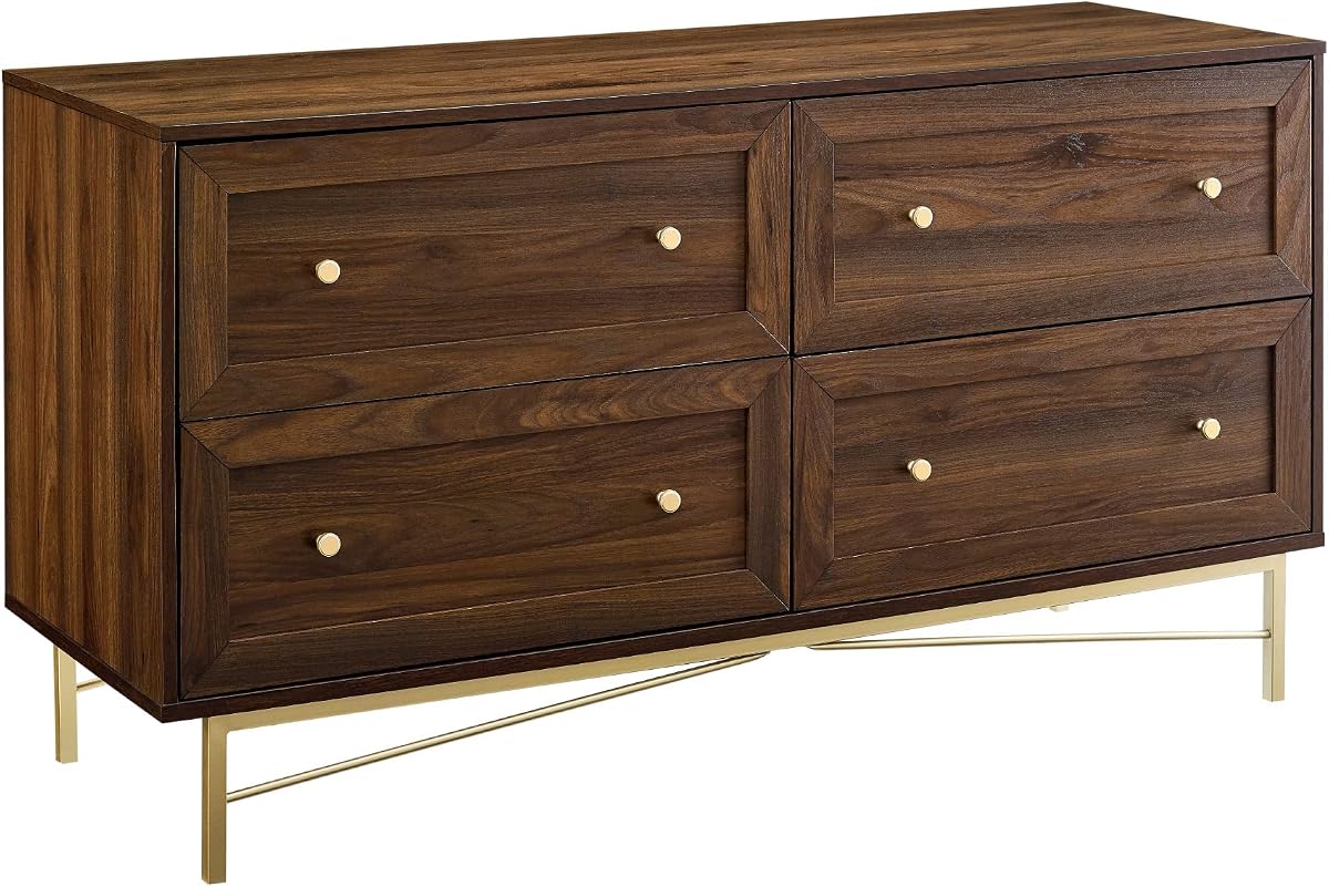Walker Edison Morgan Contemporary Wood and Metal 4 Drawer Chest with Gold Accents 56 Inch Dark Walnut