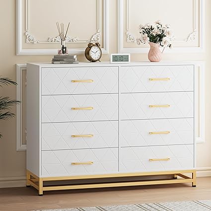 GarveeHome Dresser for Bedroom with 8 Drawer, TV Stand Dressers Chest of Drawers Large Wood Dresser for Storage and Organization (White)