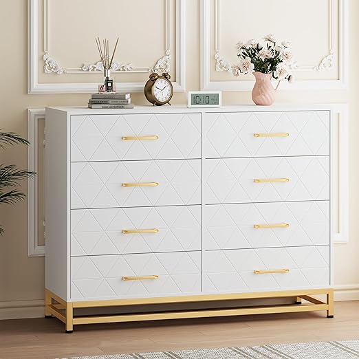 GarveeHome Dresser for Bedroom with 8 Drawer, TV Stand Dressers Chest of Drawers Large Wood Dresser for Storage and Organization (White)