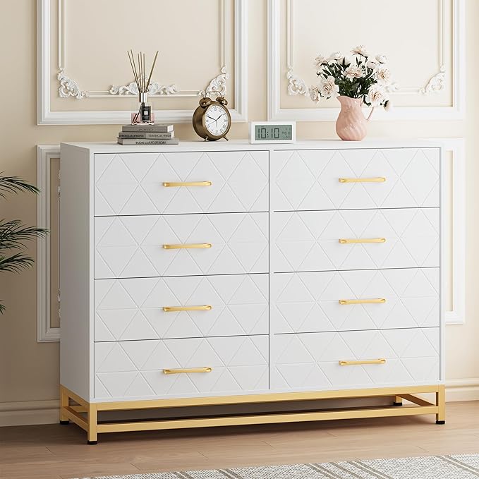 GarveeHome Dresser for Bedroom with 8 Drawer, TV Stand Dressers Chest of Drawers Large Wood Dresser for Storage and Organization (White)