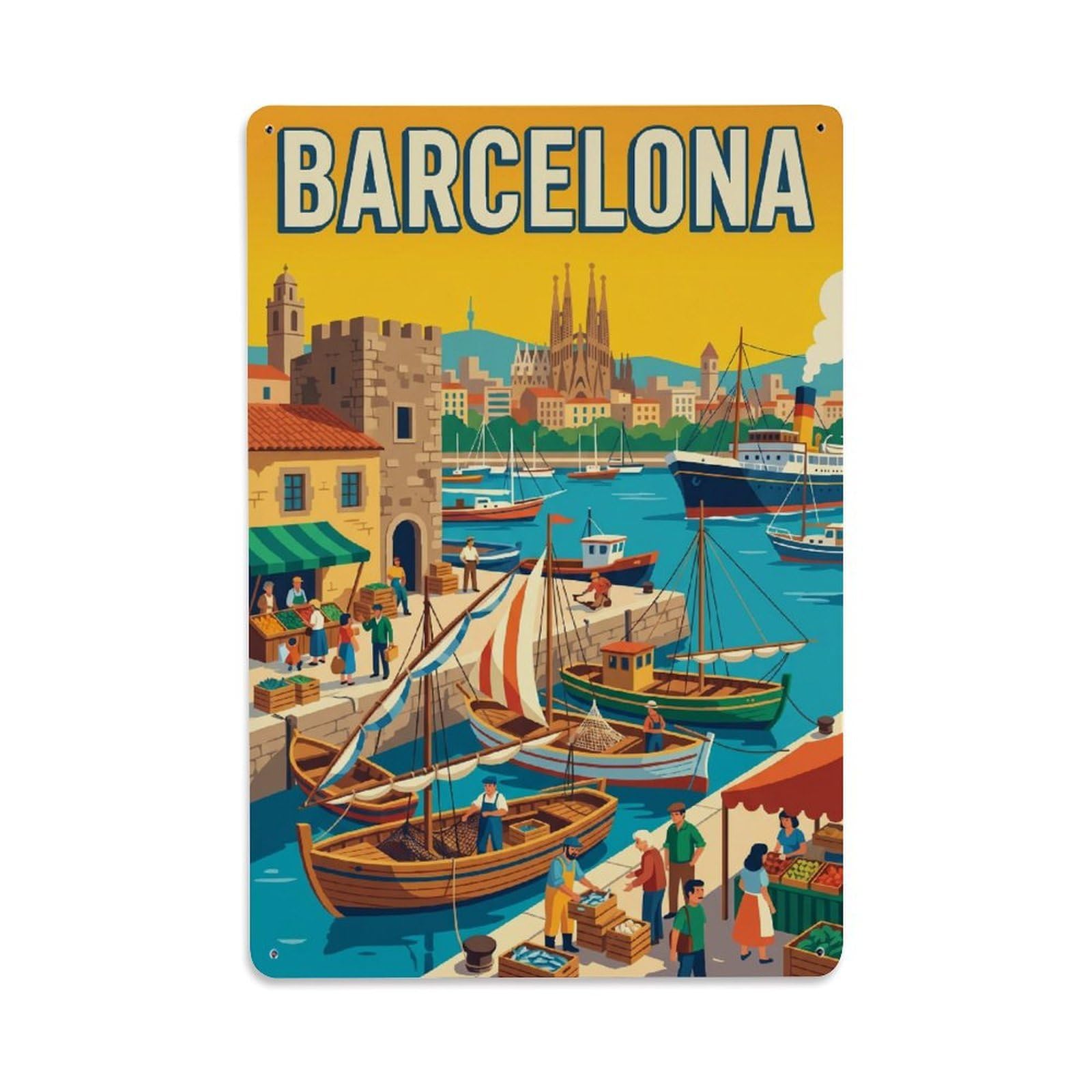 Vintage Travel Wharf Spain Bustling Metal Tin Sign