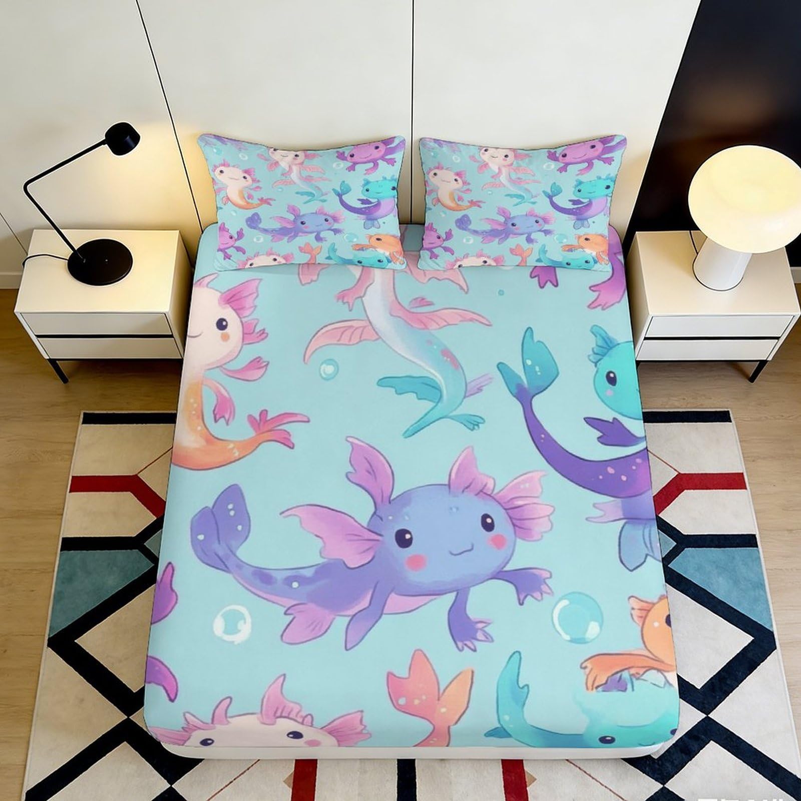 3D Printed Cute Axolotl Fitted Sheet Microfiber Soft Breathable Fantasy Fish Mattress Cover for Bedroom Dorm Decor 90x200x25cm