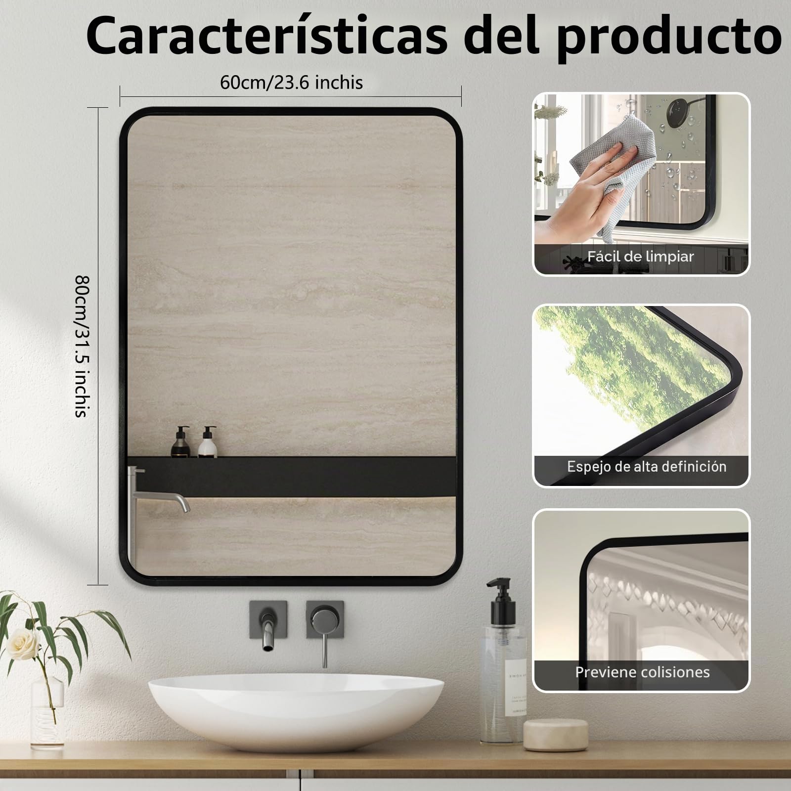 Espejo de baño 80x60 cm, Marco de Aluminio Negro | Resistente a la humedad y al óxido · montaje horizontal o vertical · baño, dormitorio, pasillo