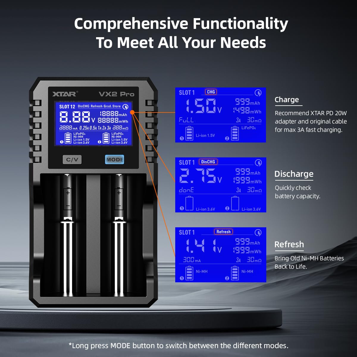 XTAR VX2 PRO 18650 Chargeur de batterie professionnel avec testeur de capacité