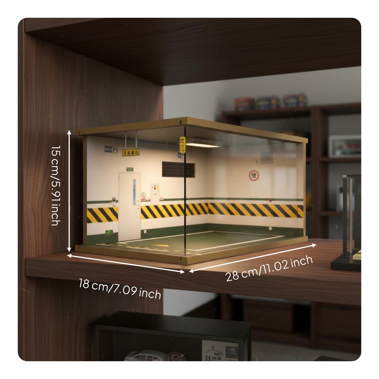 Diorama de Garaje a Escala 1/24 Vitrina Caja Acrílica Expositora Maqueta Aparcamiento con Luz LED Apilable Cubierta contra Polvo Adecuado para, Verde-izq.