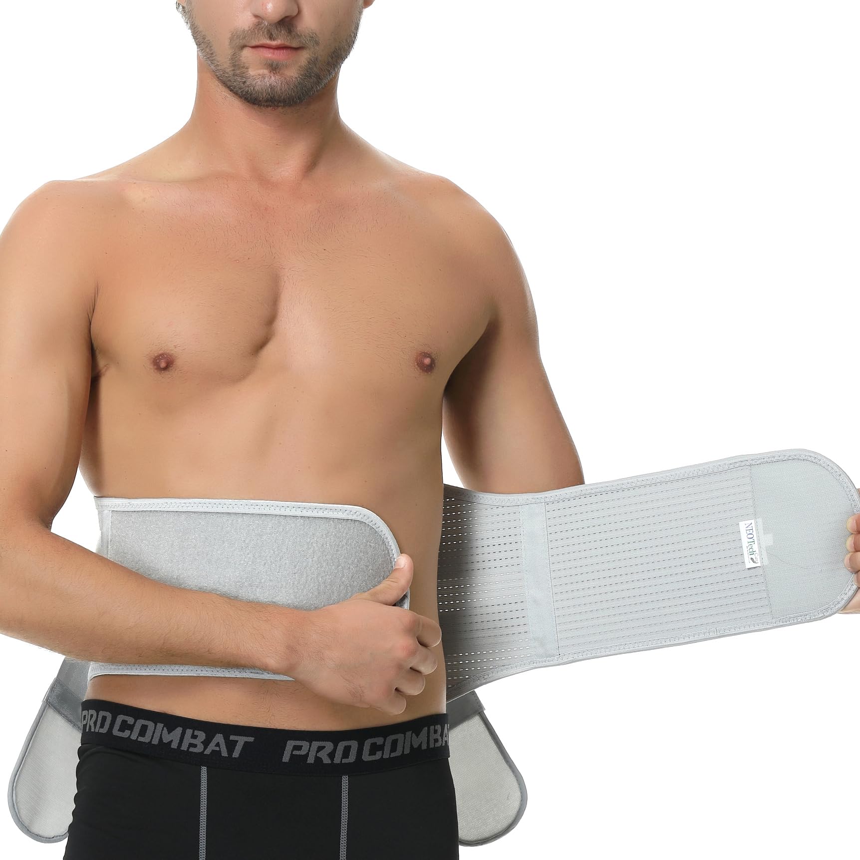 NEOtech Care Faja lumbar Accesorio transpirable y ajustable para la parte baja de la espalda - Doble entramado de compresión - Protección para el levantamiento de pesos (Gris, M)