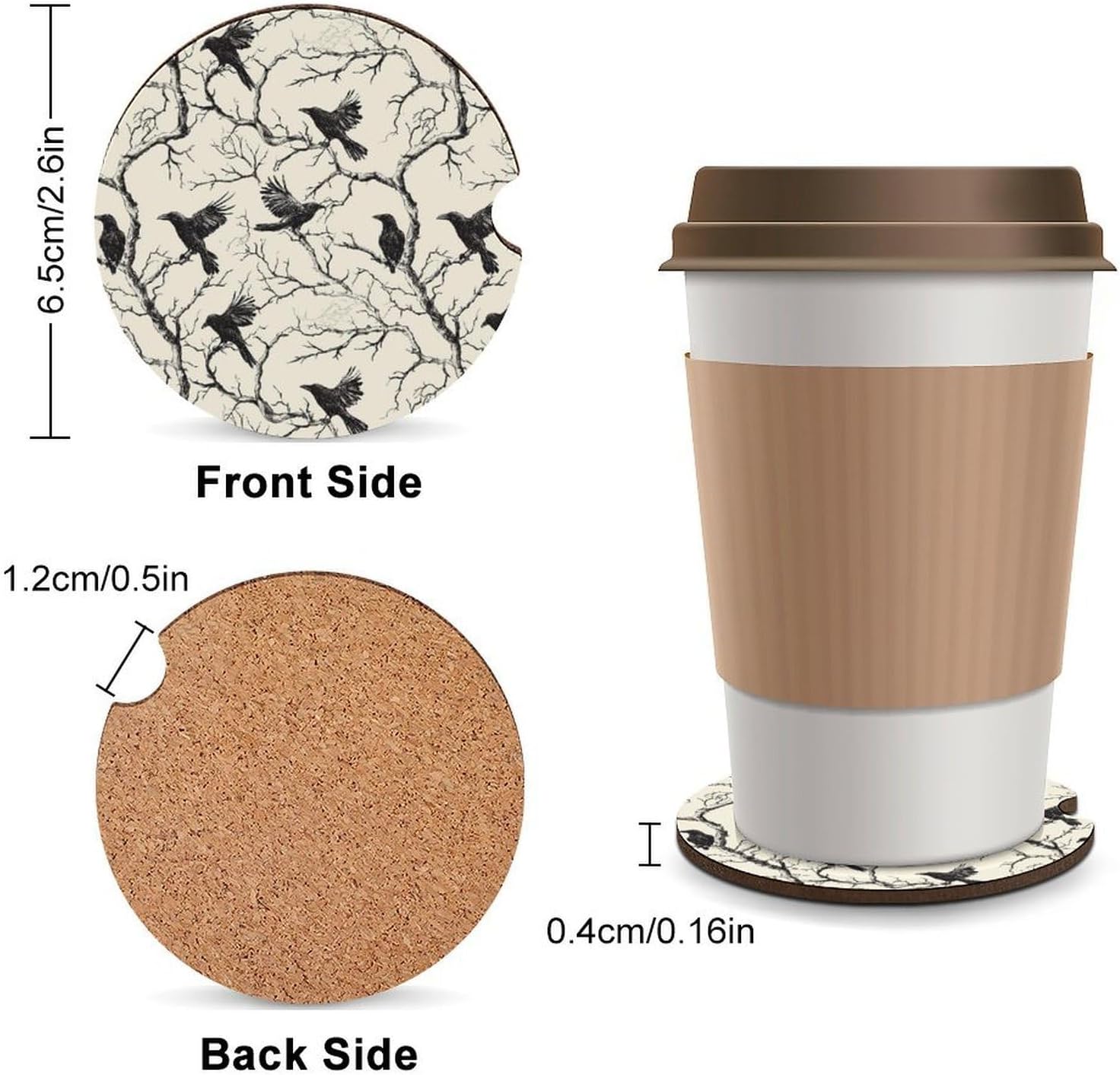 Tree Crows Branches Cute Car Coasters 2.56 Inch Absorbent Cup Holder for Drinks Auto Interior Accessories