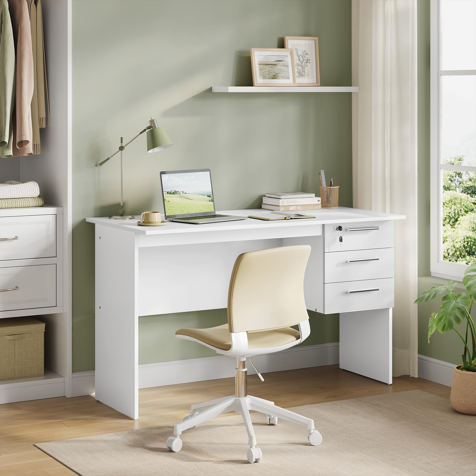 Woltu Scrivania con 3 Cassetti 120x60 cm Bianca - Dettaglio