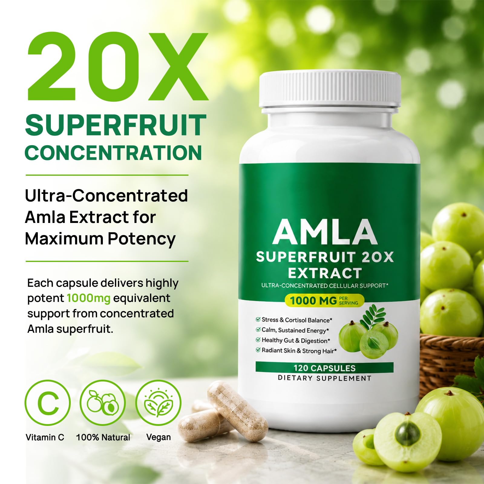 Organic Amla Capsules, 1000mg 20X Superfruit Concentrate, Organic Amla Fruit Powder Supplement, Ayurvedic Daily Wellness Formula with Natural Antioxidants, Non-GMO, 120 Capsules — Amazon image 3