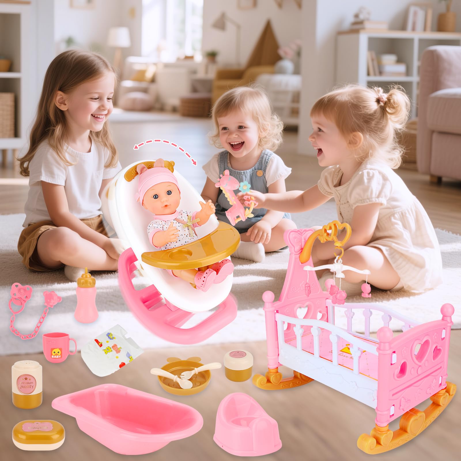 deAO Bambola con Accessori Set 21 Pezzi, Regalo per Bambine 3 Anni | Seggiolone, Lettino a Dondolo, Bambola Baby da 30 cm, Biberon, Ciuccio, Pannolino, Stoviglie, Vestitini, Gioco di Ruolo