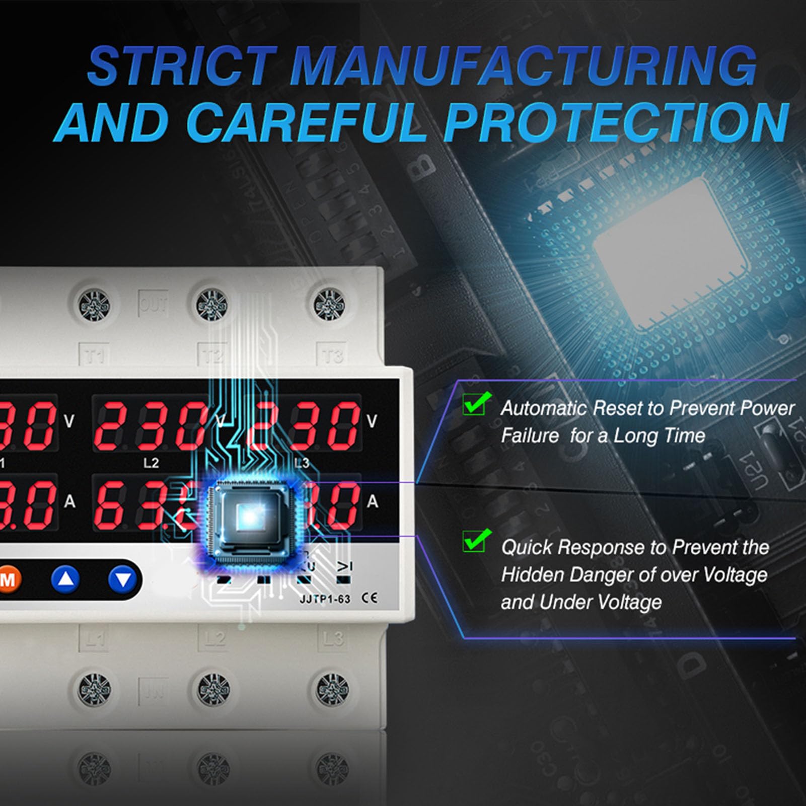 Display LCD Protezione auto reset Protezione da sovratensione e sottotensione Interruttore automatico limitatore di corrente per elettrodomestici, materiale plastico (220V 100A)
