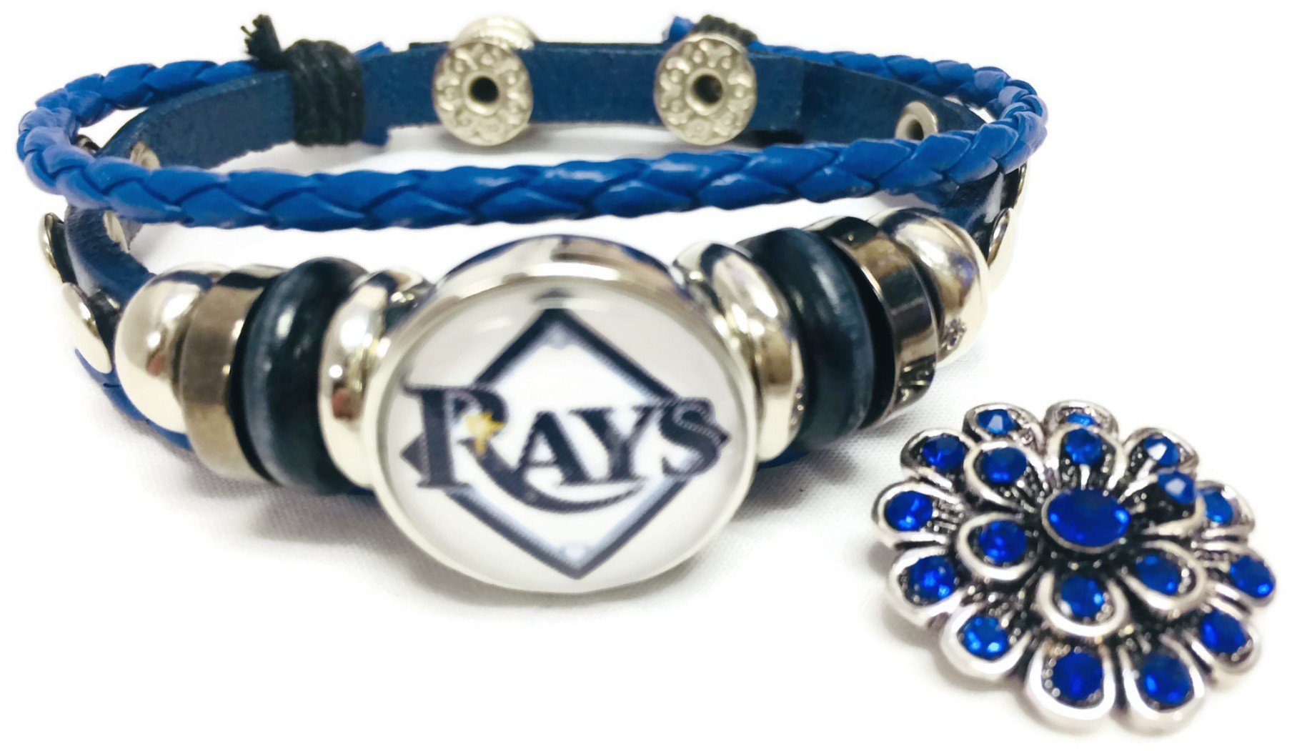 Fashion Snap Jewelry MLB Tampa Bay Rays Blue Leather Bracelet W/Extra 18MM - 20MM Charm Baseball Fans