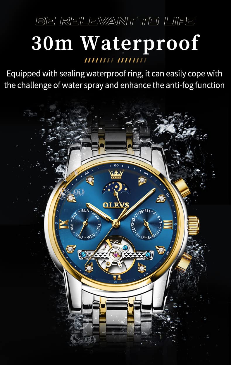 OLEVS Herrenuhren Automatik Mechanische Schwarz Armbanduhr mit Skelettiertem Tourbillon Kalender Wasserdicht Leuchtende Klassische Luxus Armbanduhren für Herren