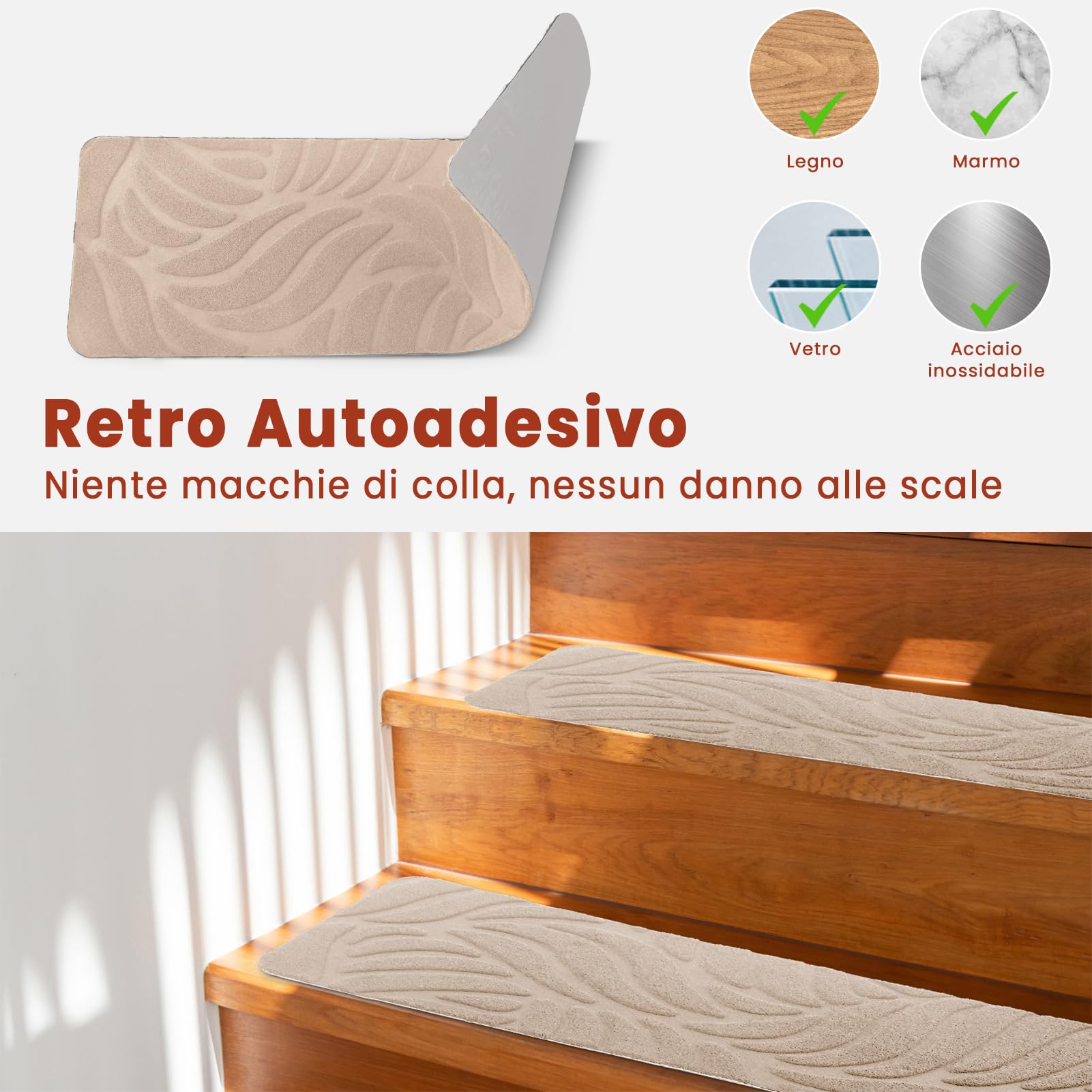 Tappetini per Scale Antiscivolo, 15 Tappetini Autoadesivi per Gradini Interni, Ritagliabile e Riutilizzabile - Protezione per Animali Domestici, Anziani e Bambini (Beige, 65x20 cm)