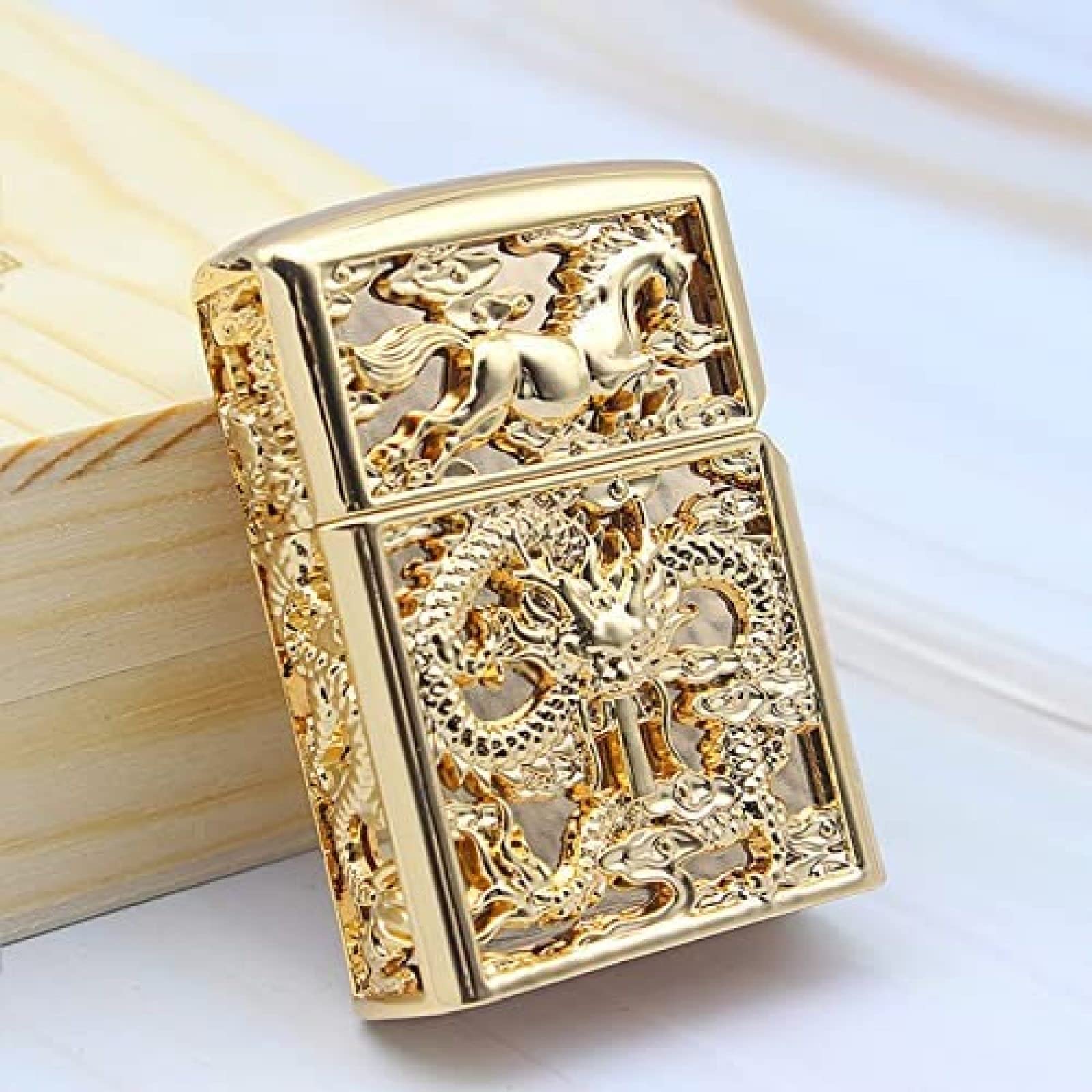 WFJHZH Vintage Groove Dragon Brass Kerosene Lighter - Refillable, Windproof, Gold