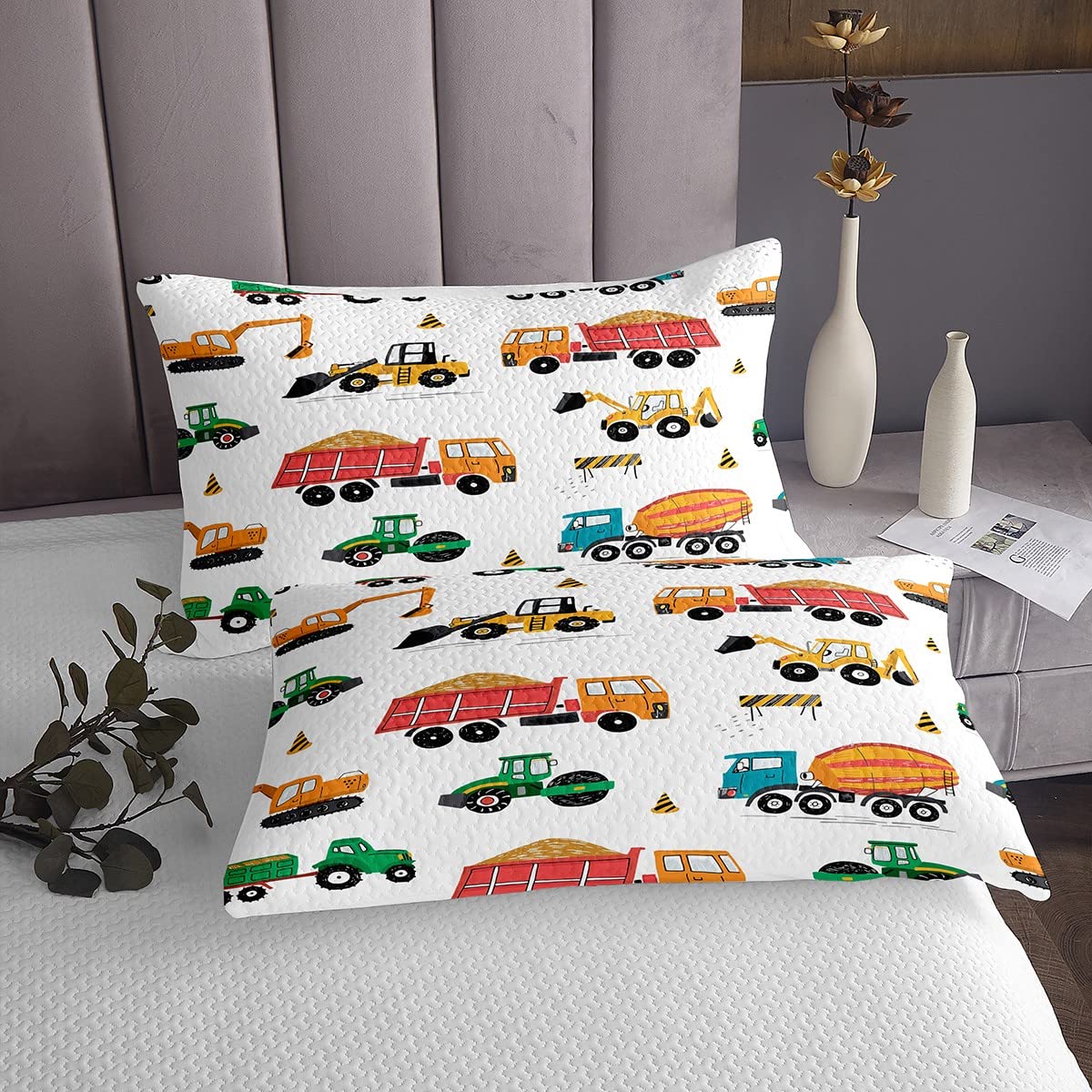 Homemissing Copriletto trapuntato per bambini, ragazzi, ragazze, trapuntato, per camioncini, set di copertine per auto, escavatore, trattore, verde, arancione, trapuntato, singolo, 2 pezzi