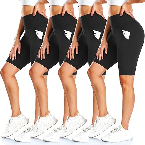 FULLSOFT Paquete de 4 pantalones cortos de ciclista para mujer con bolsillos 8" cintura alta control de abdomen, pantalones cortos de entrenamiento
