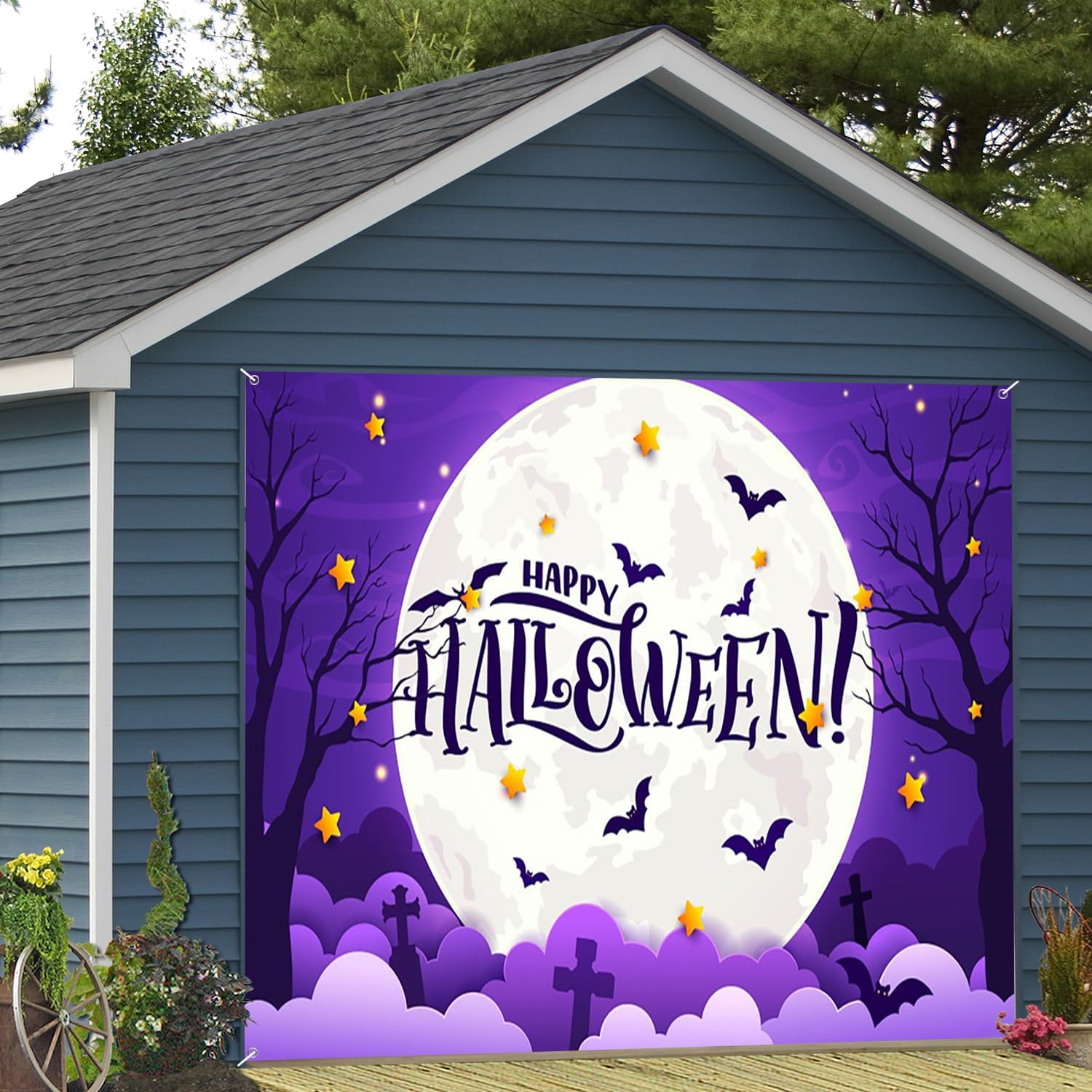 7x8ft Halloween Night Sky Garage Door Decor Full Moon with Bats Stars Tombstones Bare Trees Happy Halloween Garage Door Cover Indoor Outdoor Celebration Festive Decor